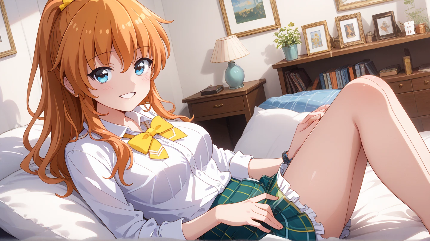 (masterpiece, best quality), highly detailed background, perfect lighting, best quality, batoganozomi, solo, looking at viewer, blush, smile, orange hair, hair between eyes, long hair, blue eyes, medium breasts, white shirt, collared shirt, yellow bowtie, green skirt, plaid skirt, sitting, on bed, bedroom, picture frame, dutch angle