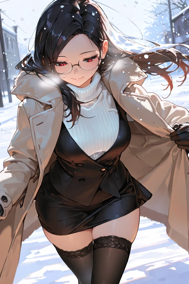 ((best quality)), ((masterpiece)), ((HD)), 1girl, long dark parted hair, cute red eyes, elegant look, glasses, medium skirt, thigh highs, coat, elegant top, dynamic shot, winter, backstreet, dynamic lighting, beatiful hands, detailed eyes, snowy day, curvy body, medium breast, smile, snowing