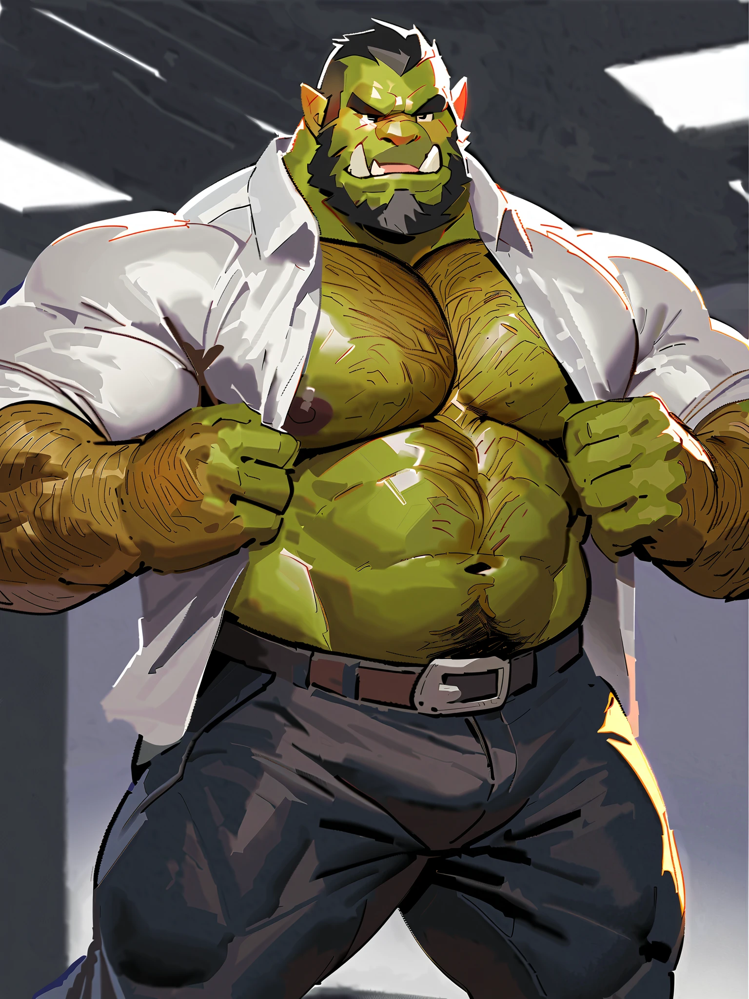 fat orc standing in a dark bedroom with his arms folded over his chest, he is smiling down at the camera, his underwear has a huge cock bulge, sweaty, green skin, thick muscles, from below, night, dark, romantic mood, soft face, handsome, cocky smile, looking lustfully at the camera, sultry, kind face,