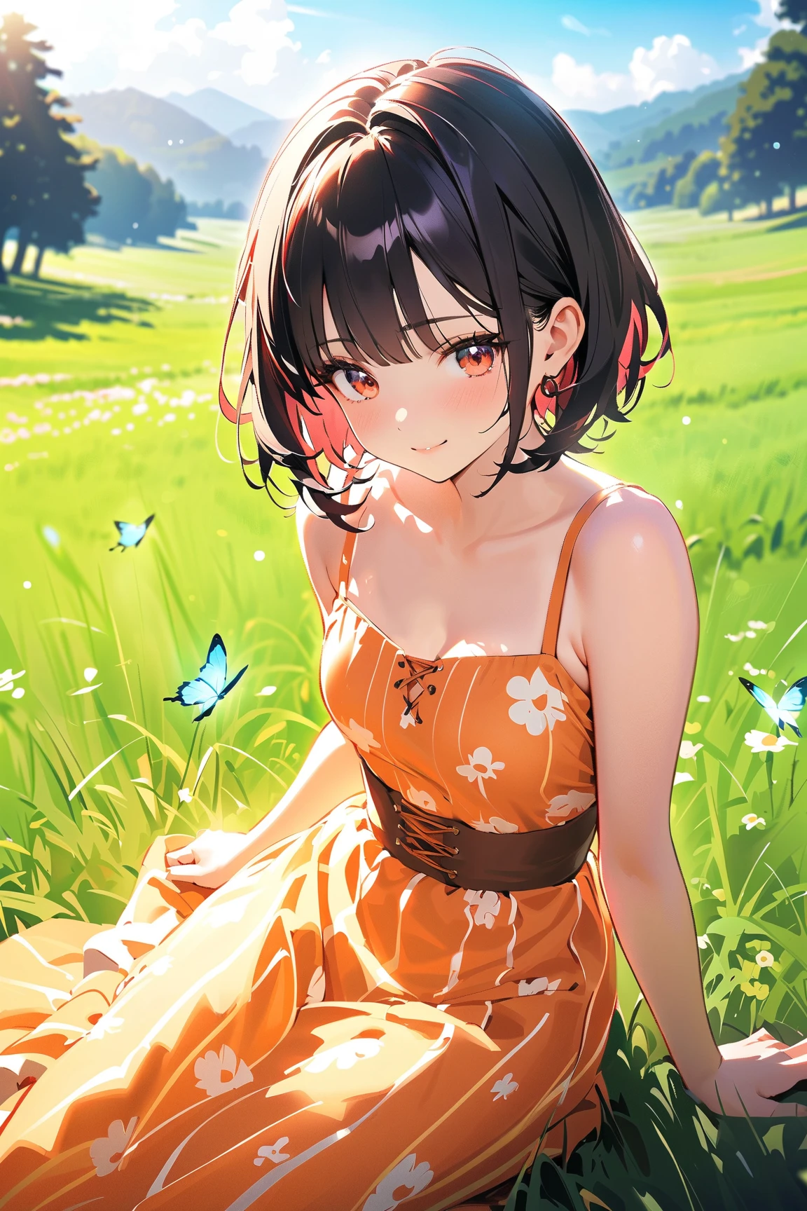1girl,solo,cute,smile,bigbreast,cleavage,eat a watermelon,have a cut watermelon,sitting a veranda,woody,brilliant sky,sunshine,summer
