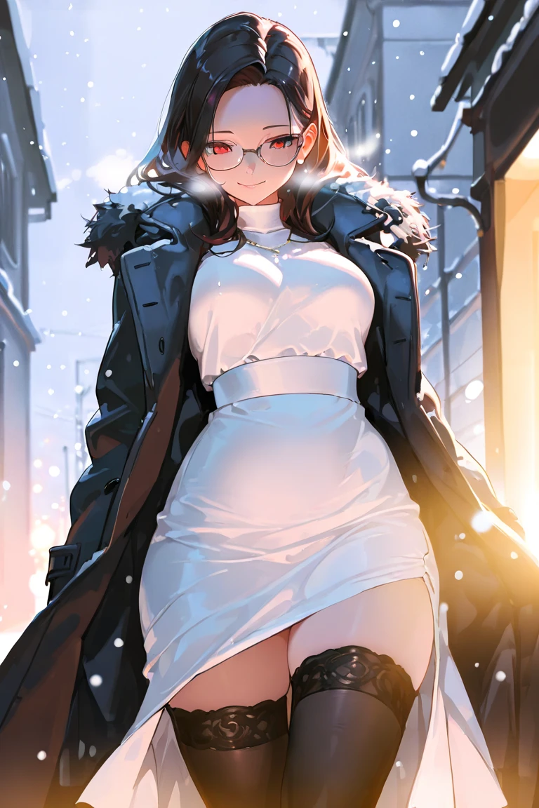 ((best quality)), ((masterpiece)), ((HD)), 1girl, long dark parted hair, cute red eyes, elegant look, glasses, medium skirt, thigh highs, coat, elegant top, dynamic shot, winter, backstreet, dynamic lighting, beatiful hands, detailed eyes, snowy day, curvy body, medium breast, smile, snowing