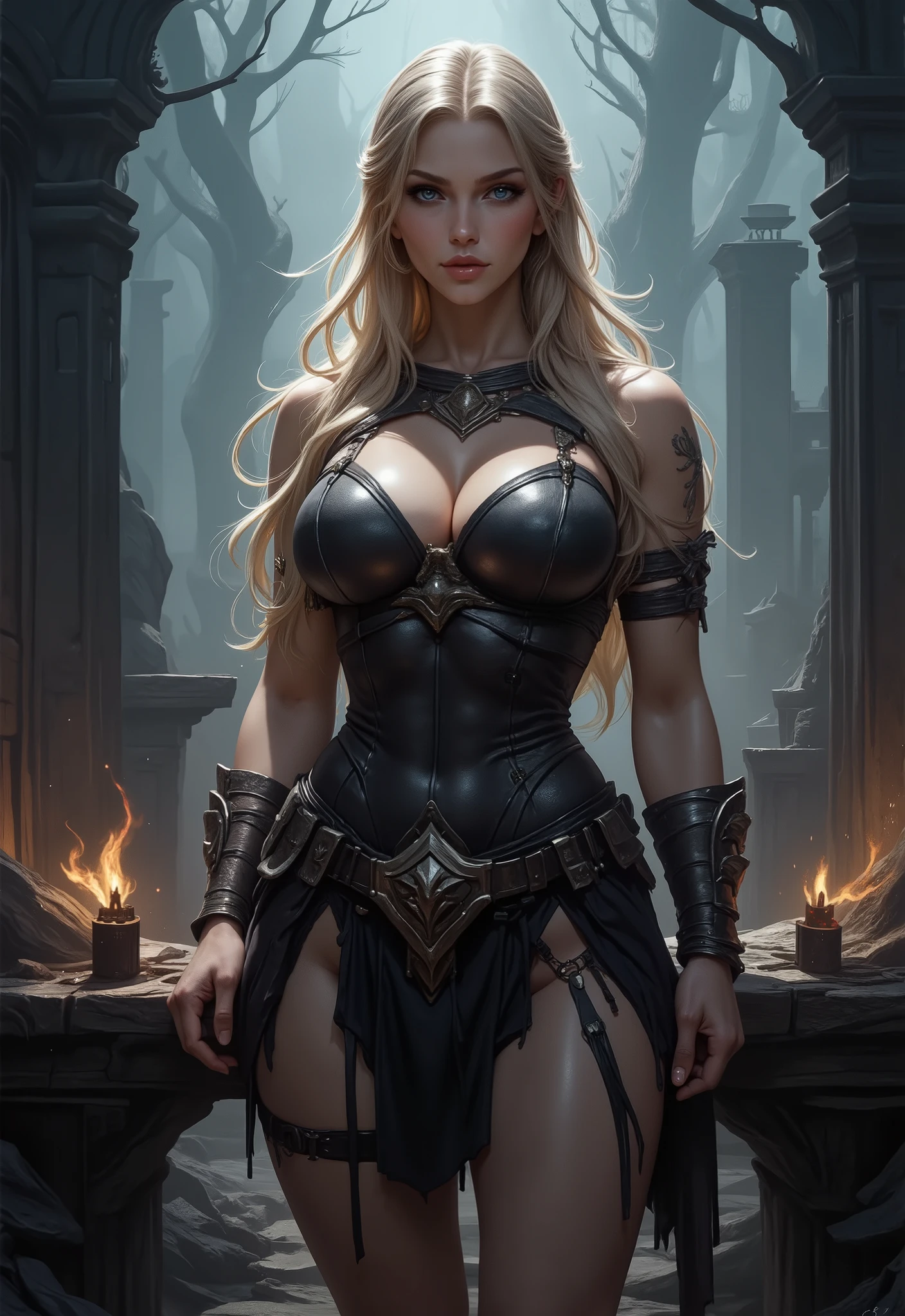 Dark fantasy、Amazoness Warrior of the Fantasy World、Blonde、blue eyes、sexy。