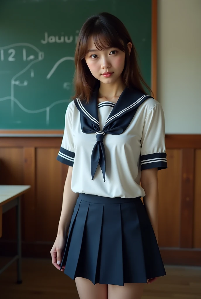 masterpiece, Highest quality, 8k, 20 years old beautiful girl, perfect Face、The clothes are big、photo shoot, Cute Face, Thighs, Bright classroom, (((Embarrassing)))、Embarrassing、No makeup, 10 generations, Detailed face, Background Blur、Tight waist、((((School uniforms、White shirt、Checked traight hair、Light brown hair、(((Please lift up your skirt sadly)))、Bright classroom、Thighs、((Apparently it's him'I am going to cry))、