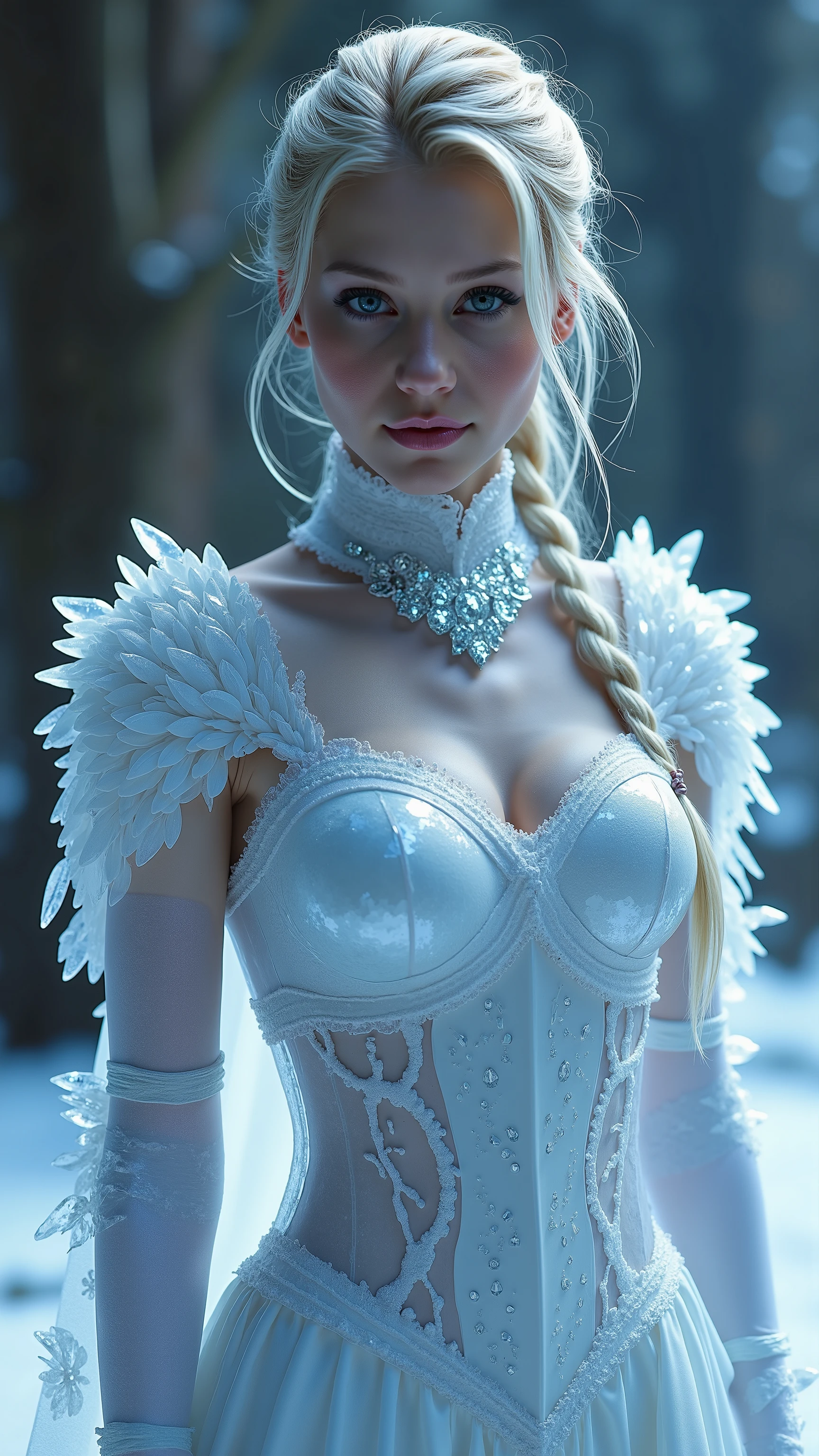 A stunning low angle sexual portrait of Elsa wearing medieval body armour made of transparent ice, her skin is visible through the armour, she is young and beautiful, hyper realistic, real portrait, backlit, exquisite features, cleavage:1.2, Upper body, Crystal-encrusted Human swedish girl, straddling, The white skin is inlaid with transparent crystal, ((lens)), The structure is made of crystals, Hourglass body, (((slim body))), sexy, (full bottom black), bioluminescent tattoos, cinematic lighting, ((intricate details, Masterpiece, Best quality)). invisible fabric, visible vagina, visible nipples:1.3