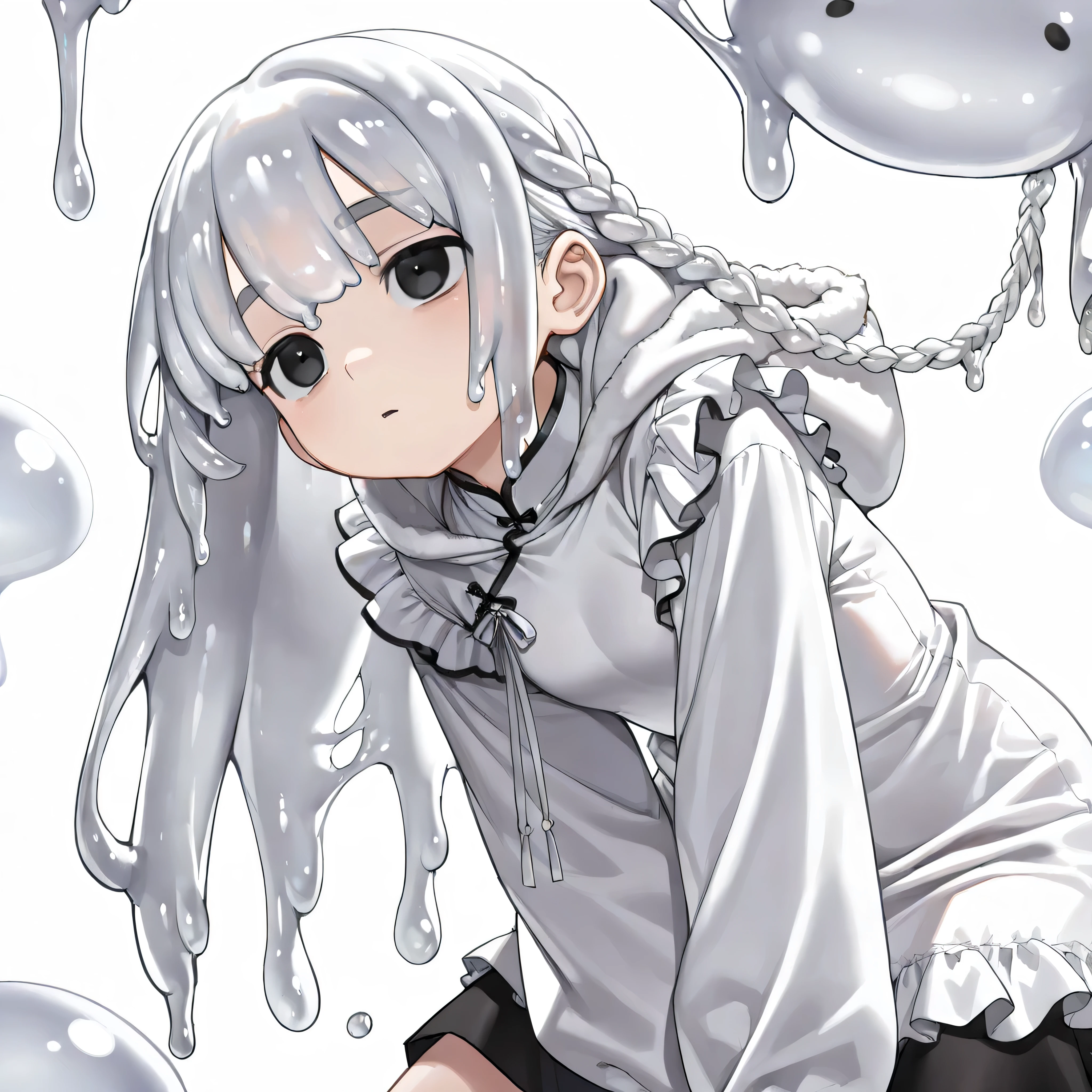 (Top image quality), (Super detailed), (facing forward), top quality, Masterpiece, (((1 girl ))), slime girl, white slime, sweats profusely, girl with, silver hair, white hair, ((long hair)), braid, (black eyes:1.6), (White and black cheongsam), hoodie dress, Lots of frills, Lots of ribbons, white ribbon, She has a cold face, Fluffy and loose hair