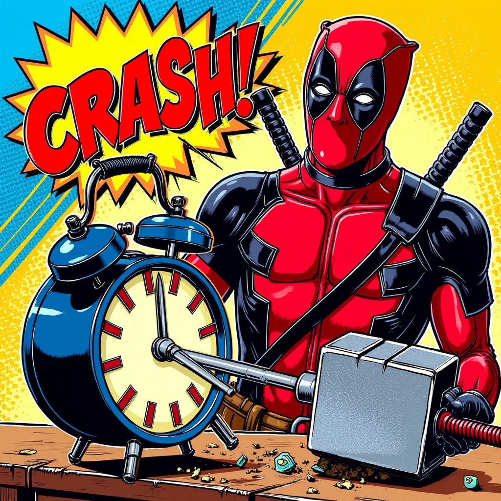 A vibrant pop art illustration of Deadpool in his iconic red and black suit, smashing an alarm clock with a massive cartoonish hammer. The scene is exaggerated and colorful, with bold lines and high contrast typical of pop art. A dynamic comic-style onomatopoeia "CRASH!" bursts out in bold, bright letters, surrounded by a jagged explosion effect. The background is a mix of vibrant yellow and blue with halftone patterns, emphasizing the chaotic action. Deadpool's expression is comically over-the-top, showcasing his mischievous personality.