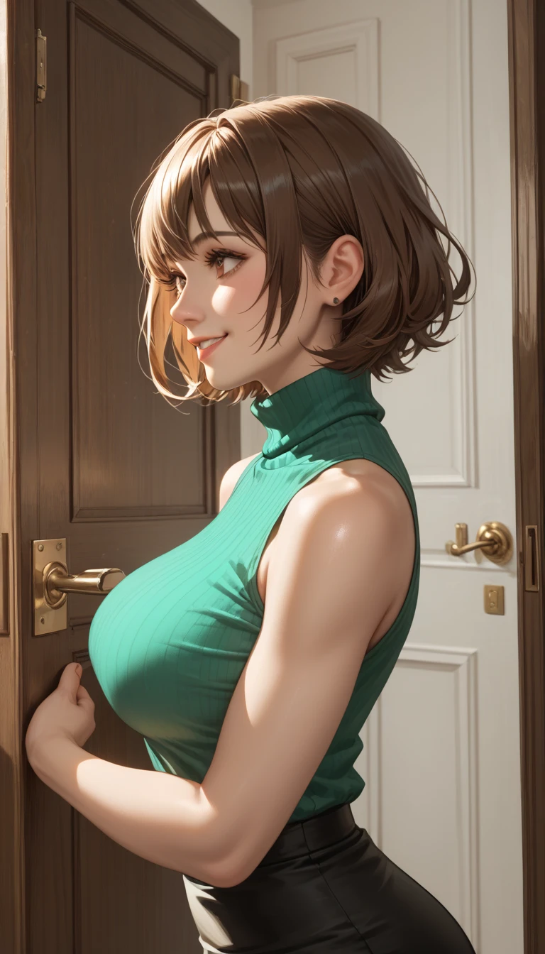  general , high definition,  ultra detail, So Aesthetic, top quality ,best hands,  Nadeshiko Sanami,
 brown hair,  short hair ,  Big Breasts,  brown eyes,  split bang ,  from the side 1 girl , Alone,  turtleneck,  skirt , Sleeveless, Sleeveless  turtleneck, pencil  skirt , door, green  shirt, smile,  shirt,  is looking, indoors, Sleeveless  shirt