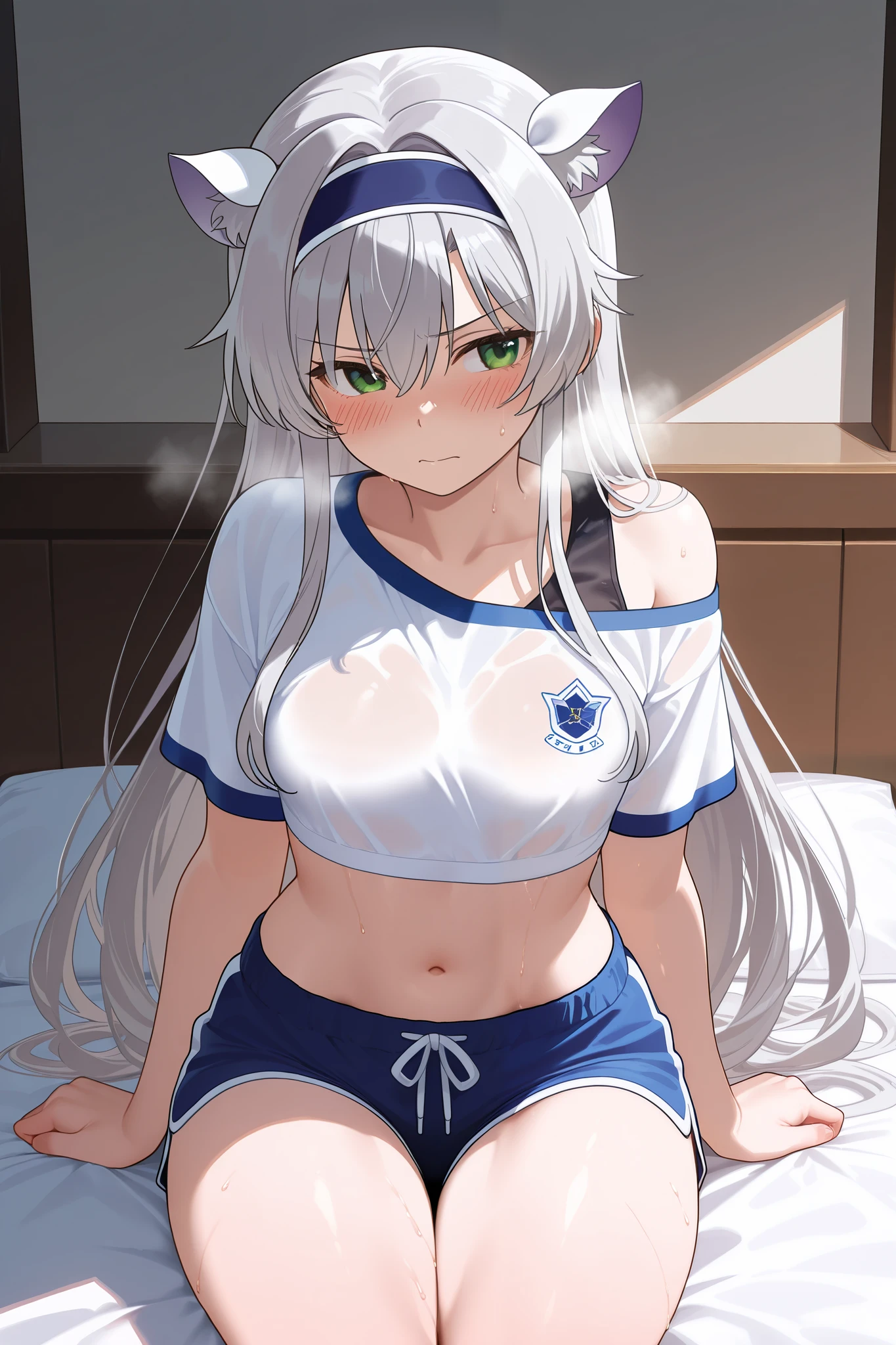 NSFW,masterpiece, top quality, high definition, very detailed,Sistine＝Fiebel 、 Roku Denashi Magi Instructor and Akashic Records、 green eyes、 gray hair、stupid hair、 small breasts、 long hair、 blue headband 、 fake animal ears , shorts , crop top, off shoulder,Short sleeve, a lot of sweat,blush,Heavy breathing, Sports Fields, sitting 