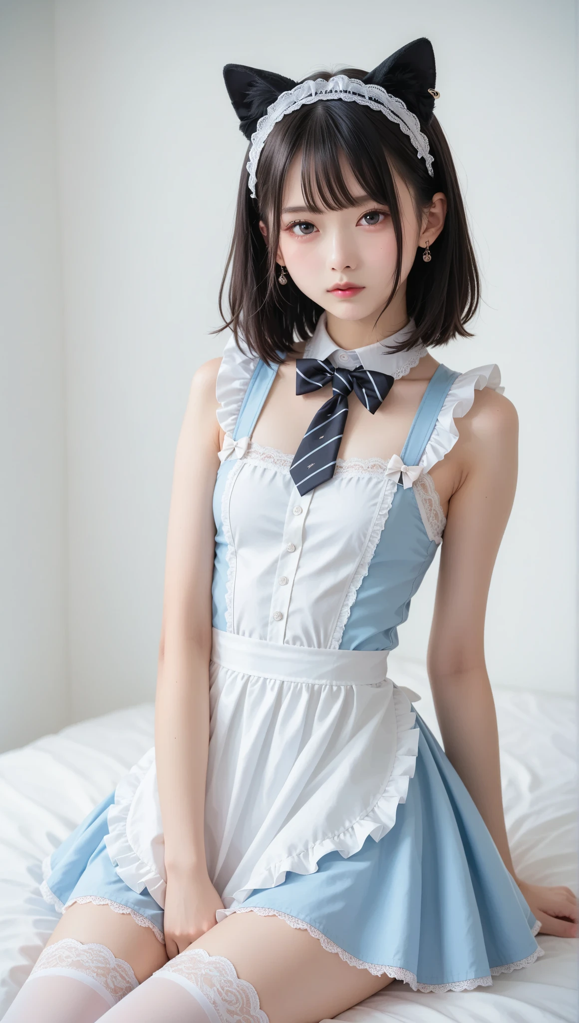 masterpiece, best quality, illustration, Super detailed, fine details, High resolution, 8K,wall paper, perfect dynamic composition,(Details High quality, realistic depiction of eyes:1.3), short hair, (wavy hair:1.2), huge breasts, hotel room, (bow ribbon, Maid, knee high socks:1.3), Aside Cutter Shirt, frill skirt, huge breasts, Don't expose it, ponytail, black hair color, Big Natural Color Lip, perfect body shape, bold sexy pose, crying a little、Harajuku style、20 year old girl、cute type、beautiful legs, full body photo、focus on crotch, hposing Gravure Idol