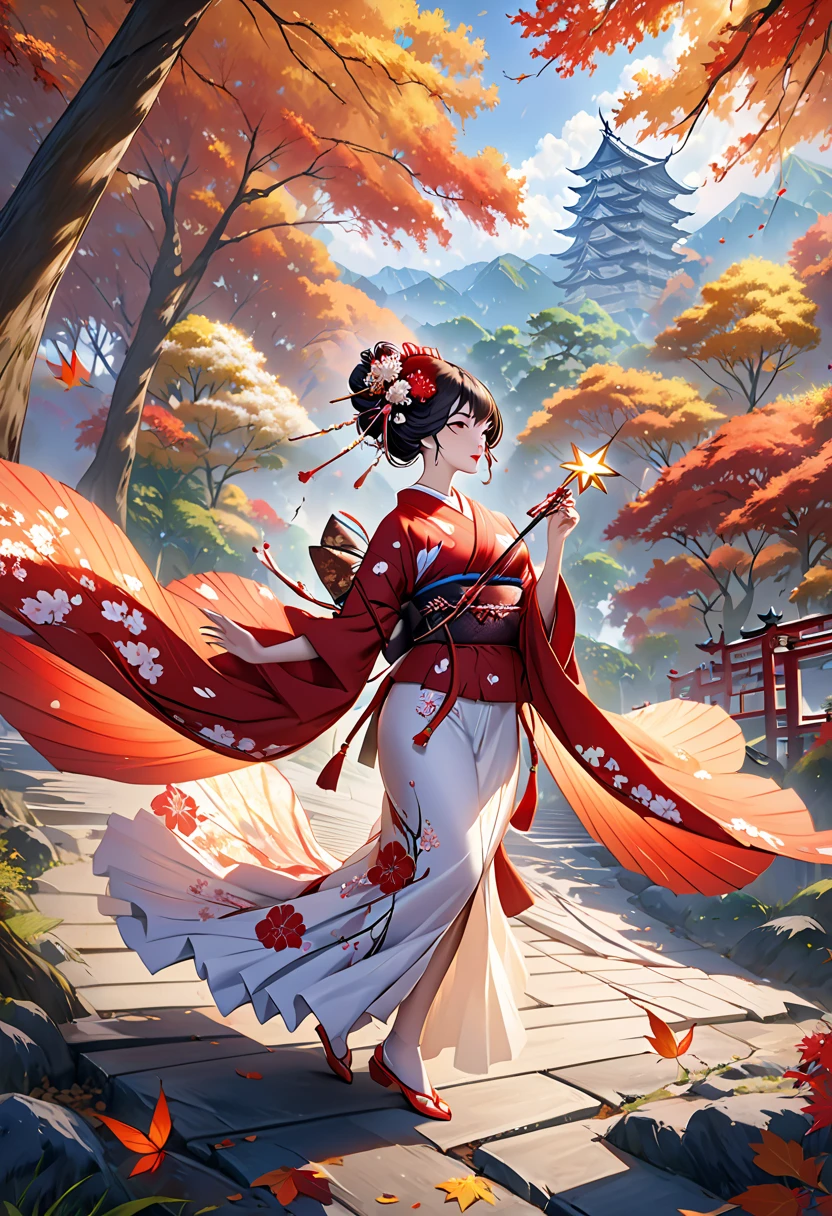 ( Super Elaborate CG Unity 8K Wallpaper ), (Masterpiece), ( top quality), ( realistic), geisha,  kimono, dance, Elf,  holding a star , (( top quality)), ( very detailed)), (((photograph)), Autumn Japan Forest  