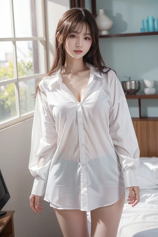 ((Highest quality)), ((masterpiece)), (detailed), Perfect face masutepiece, Best Quality, Illustration, Ultra-detailed, finely detail, hight resolution, 8K Wallpaper, Perfect dynamic composition, Beautiful detailed eyes,Medium Hair,Small breasts 、natural color lip, Bold sexy poses,20 years girl、Cute、Sexy shot looking at camera、wide angle、full BODY、taking off clothes、, standing,covering with hands, wet body, skirt,dress shirt,stockings,see-through,office lady,secretary,standing,wet body