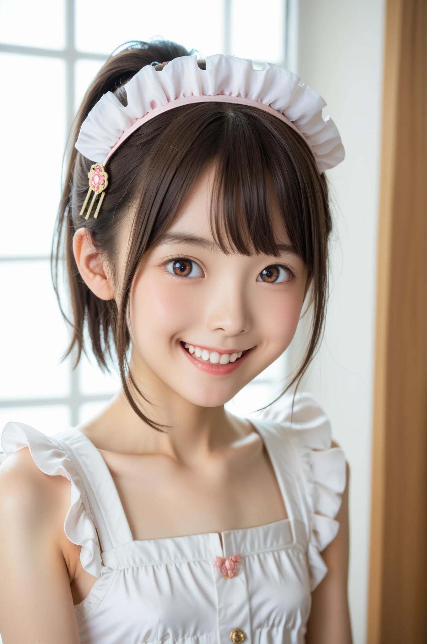  maid clothes ,university student,First Year,younger:1.5,smile,skinny,lanky, Anatomically Correct , Cute Girl ,masterpiece, highest image quality taken by Ki,4K,8k,16k, brown eyes,Narrow shoulders:1.5, hairpin, ponytail, short hair ,Thin arms,Young, short,130cm, Japanese,Idol's Decisive Pose,score_7_up,rating_safe