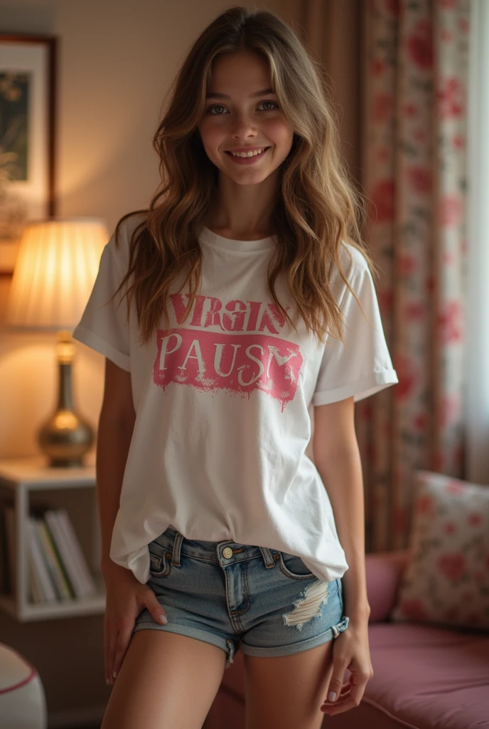 ((pre-teen)), excited girl, dress-style t-shirt, no panties, vagina with small hairs, close-up from thighs to face, shot from below, very pale skin, very long hair, wavy hair, garden, sunrise sun, photorealistic, indirect lighting, volumetric light, ray tracing, hyper-detailed, best quality, ultra-high resolution, HDR, 8k