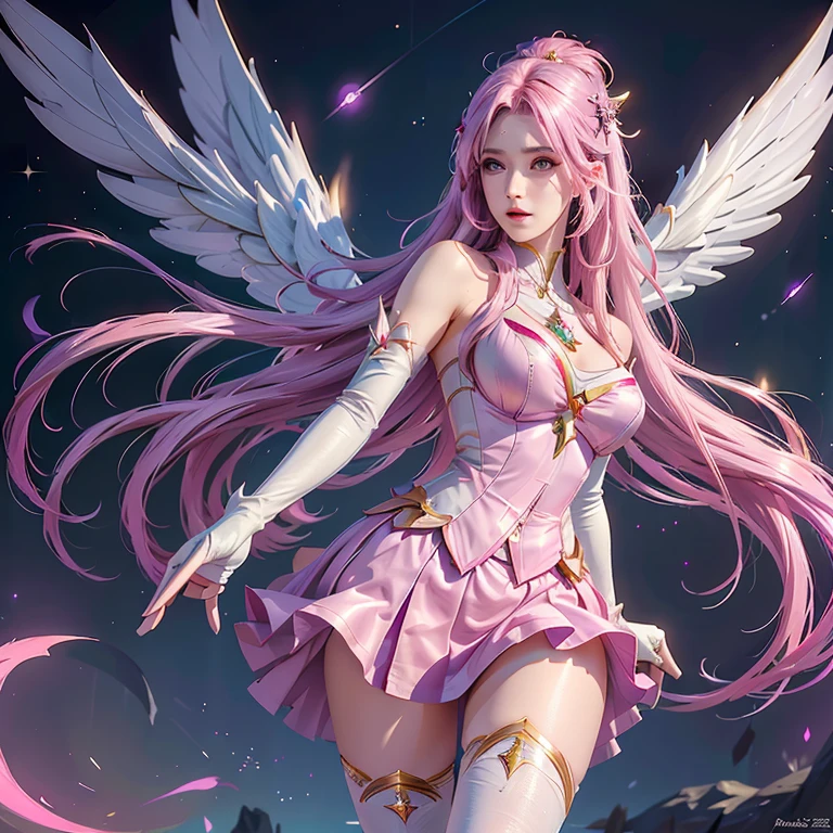 photorealistic, high resolution, 1women, mature female, solo, hips up,purple eyes, kaisasg, star guardian (league of legends), pink hair, gloves, long hair, thighhighs, skirt, elbow gloves, hand on hip, bare shoulders, solo, wings, white gloves, breasts, pink eyes, bangs, magical girl, hair ornament