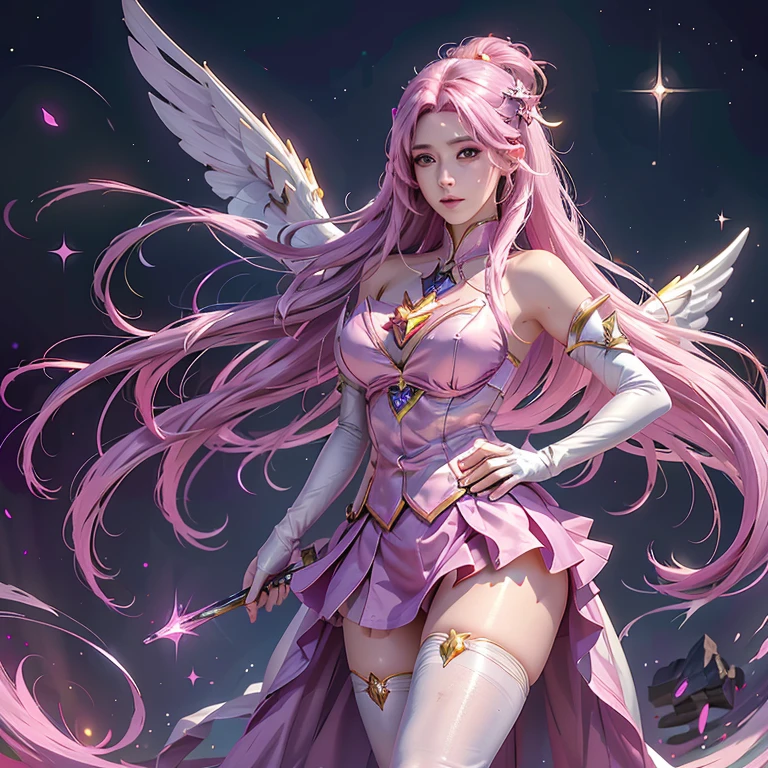 photorealistic, high resolution, 1women, mature female, solo, hips up,purple eyes, kaisasg, star guardian (league of legends), pink hair, gloves, long hair, thighhighs, skirt, elbow gloves, hand on hip, bare shoulders, solo, wings, white gloves, breasts, pink eyes, bangs, magical girl, hair ornament