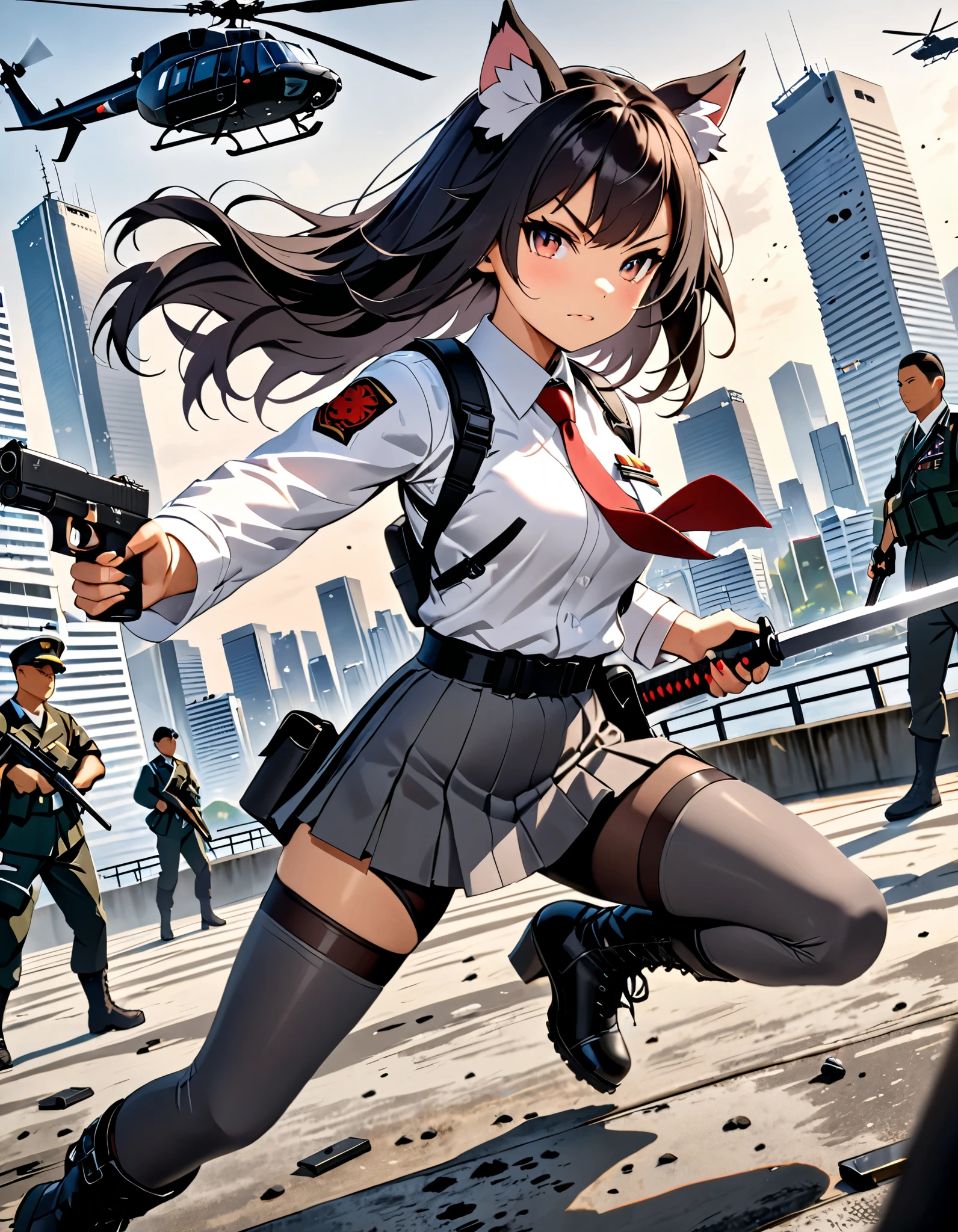 masterpiece, best quality, high res, 4k, 8k, solo focus, 1girl, female samurai, Japanese military officer, (catgirl:1.2, furry ears:1.2), college-aged female, long hair, black hair, black hair, hair ornament, white-collared shirt, red necktie, shoulder holster, pleated skirt, side slit, (full dark grey leggings:1.2), (biker boots, high heels), holding katana sword in one hand and holding a glock22 pistol with another, aggressive battle stance, Tokyo skyline, wharf, a military helicopter hovering above, concrete ground riddle with bullet holes, dutch angle, intense atmosphere, intense expressive. action shot.