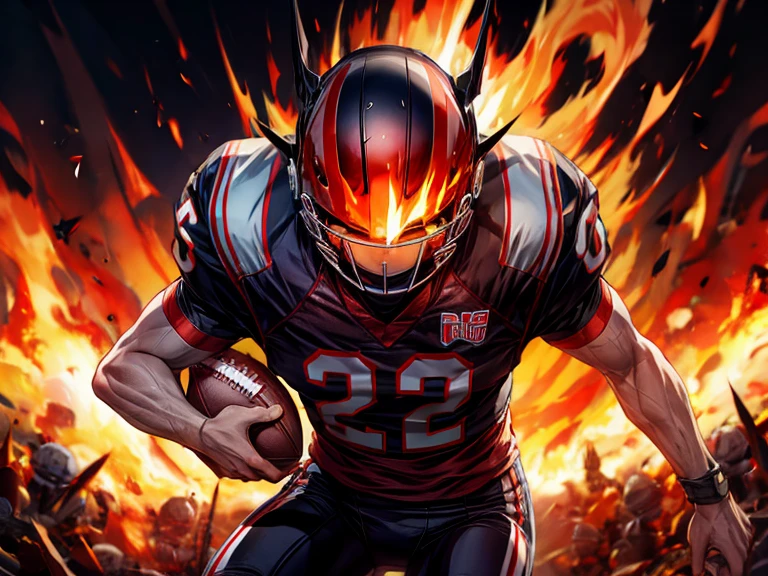 masterpiece, high resolution, male, Quarterback(red), dark background, flames(effects), solo, muscle, red eyes, Quarterback helmet, American football, detail,