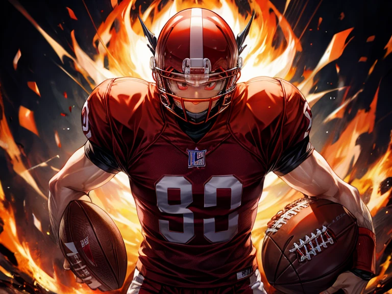 masterpiece, high resolution, male, Quarterback(red), dark background, flames(effects), solo, muscle, red eyes, Quarterback helmet, American football, detail,