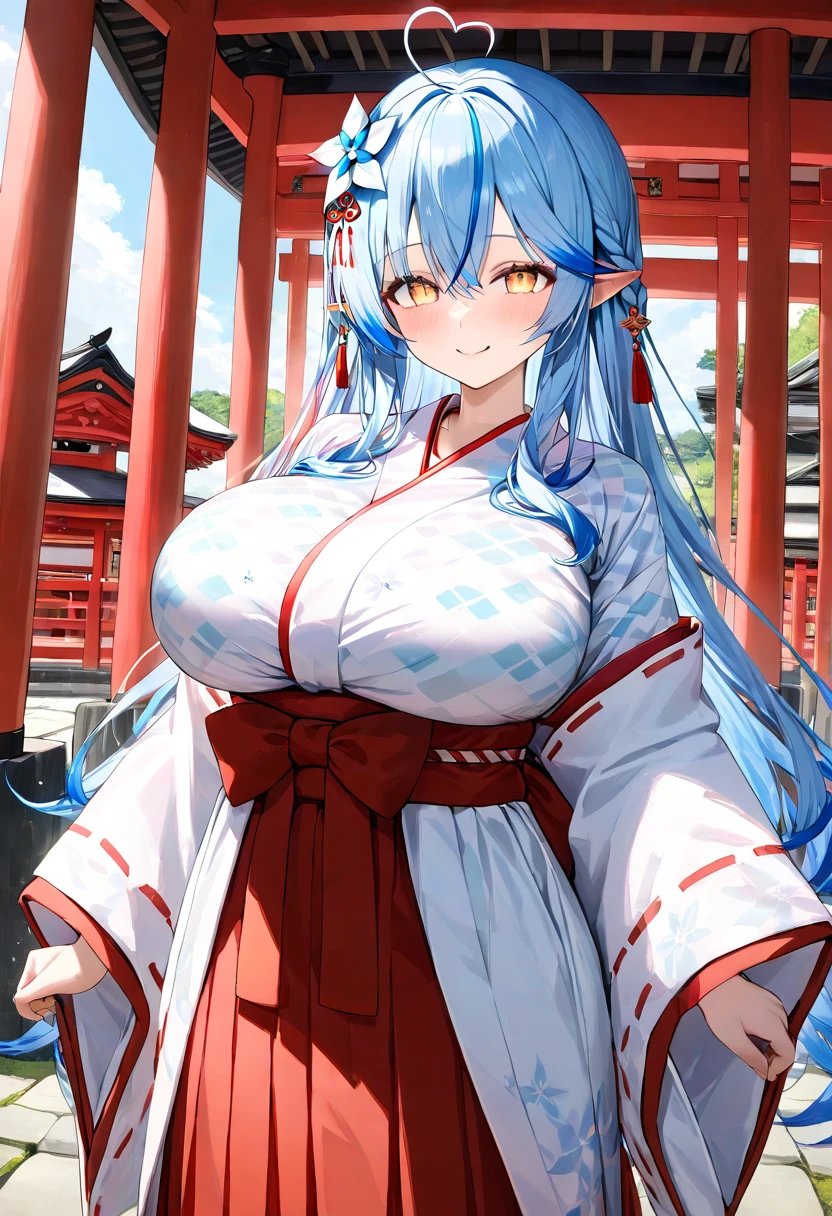 ( top quality , 8k , masterpiece ),  girl  , young , 1 person ,  very detailed eyes and face , Yukihana Lamy ,  hololive  ,  blue hair  , smile ,  will be happy ,  red cheeks  , ( shrine maiden, White Yukata,red hakama :1.2 ) , (  huge breasts )