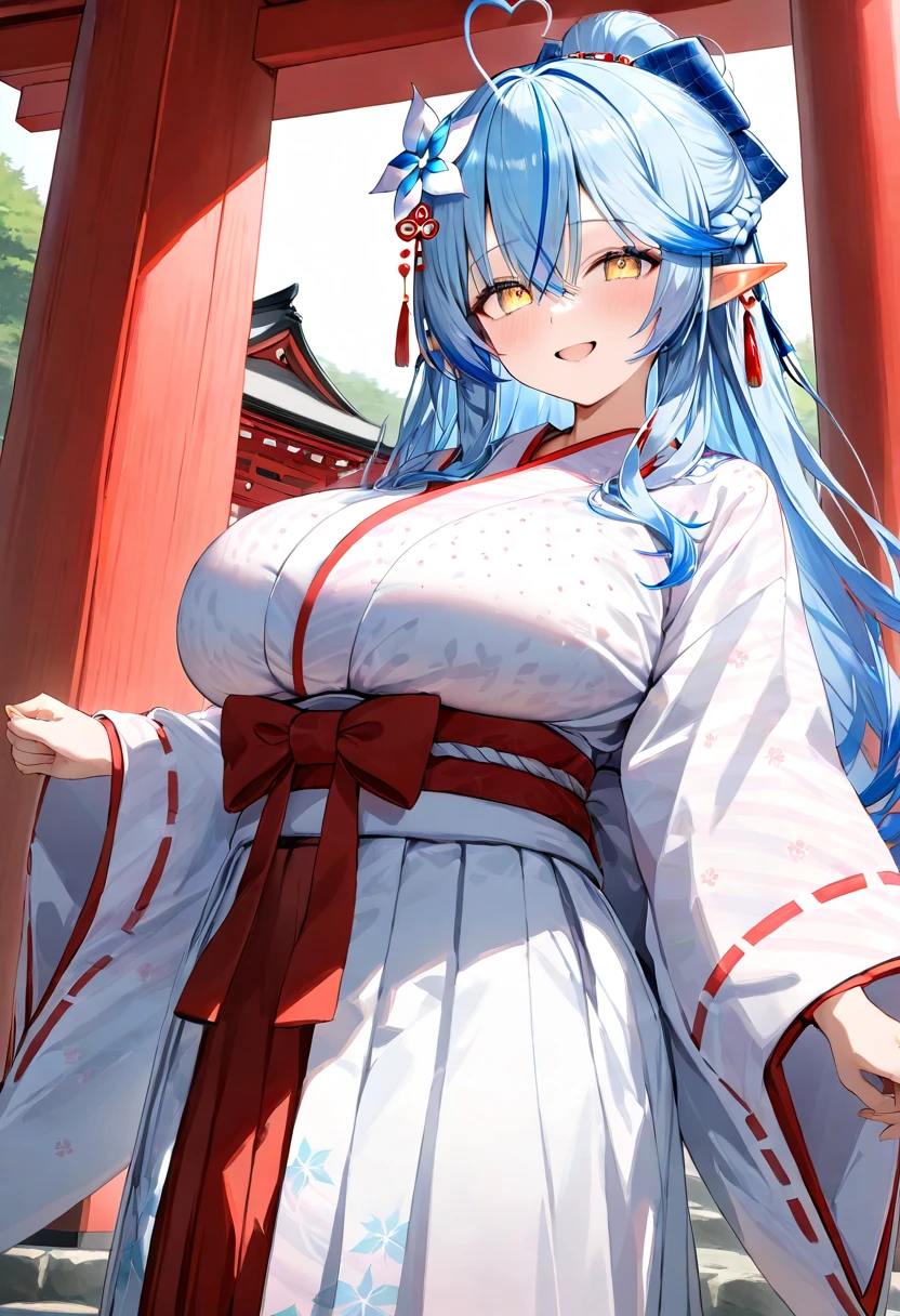 ( top quality , 8k , masterpiece ),  girl  , young , 1 person ,  very detailed eyes and face , Yukihana Lamy ,  hololive  ,  blue hair  , smile ,  will be happy ,  red cheeks  , ( shrine maiden, White Yukata,red hakama :1.2 ) , (  huge breasts )