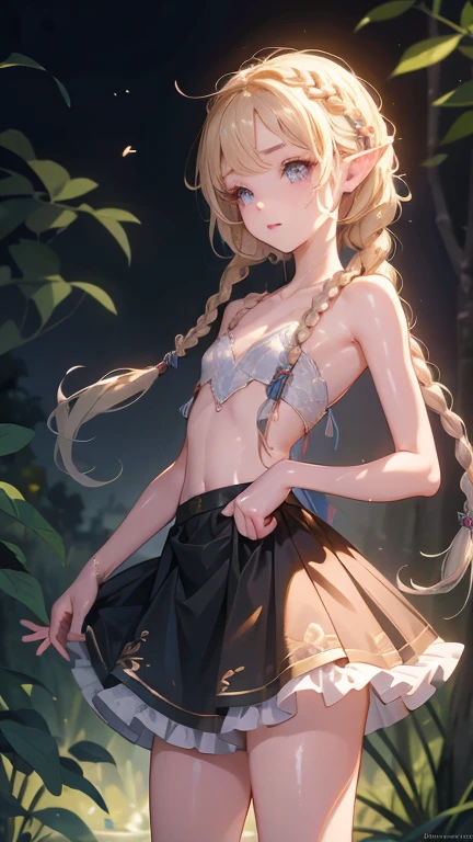 ((best quality)), ((masterpiece)), (detailed), Beautiful 12 year old western girl, ((young girl, very young, 12 years old)), long hair, pale skin, thin, collarbone, In a forest, wild clothes, NSFW, small breasts, prominent collarbones, skinny arms, flat stomach, visible hip bones, long hair, red hair, white hair, blonde hair, dark hair, ponytail, thick ponytail, blush, NSFW Fluttering lace frilly petticoats, pleated petticoats、((from adove))