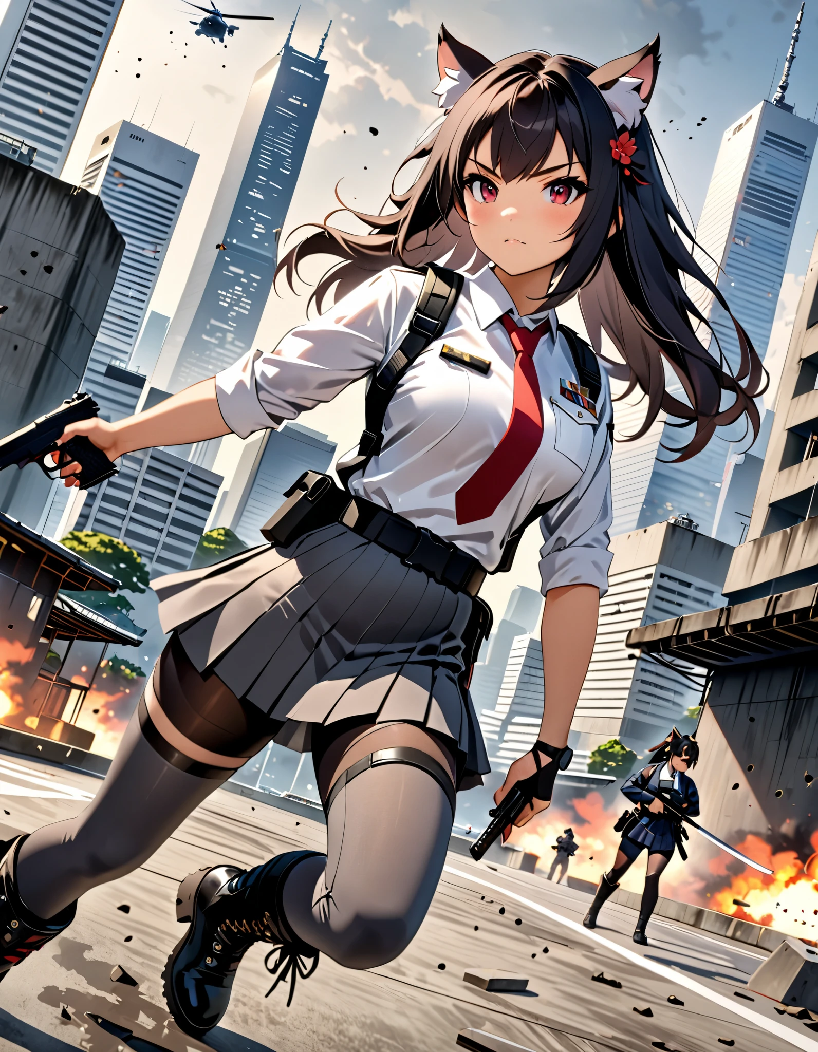 masterpiece, best quality, high res, 4k, 8k, solo focus, 1girl, female samurai, Japanese military officer, (catgirl:1.2, furry ears:1.2), college-aged female, long hair, black hair, black hair, hair ornament, white-collared shirt, red necktie, shoulder holster, pleated skirt, side slit, (full dark grey leggings:1.2), (biker boots, high heels), holding katana sword in one hand and holding a glock22 pistol with another, aggressive battle stance, Tokyo skyline, wharf, a military helicopter hovering above, concrete ground riddle with bullet holes, dutch angle, intense atmosphere, intense expressive. action shot.