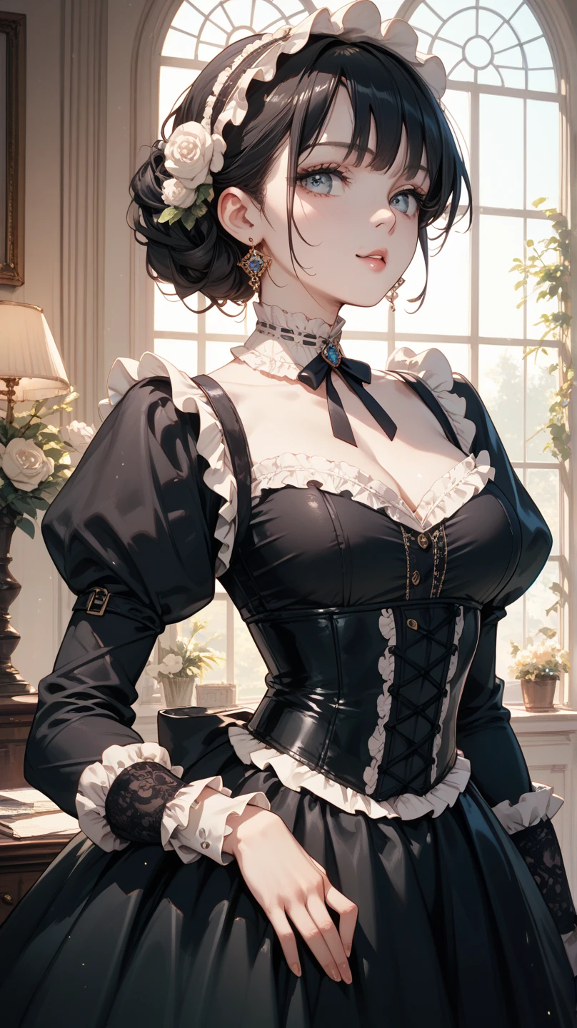 1 girl, anime, high quality, intricate details, black hair, fluffy hair, short hair, elegant, futuristic setting, maid dress, stockings, green streaks in hair, steampunk accessories, stoic expression, lacy umbrella, curvy build, lacy gloves, confident pose, corset, mansion, maid, indoors, hairclips, light green eyes, black hair