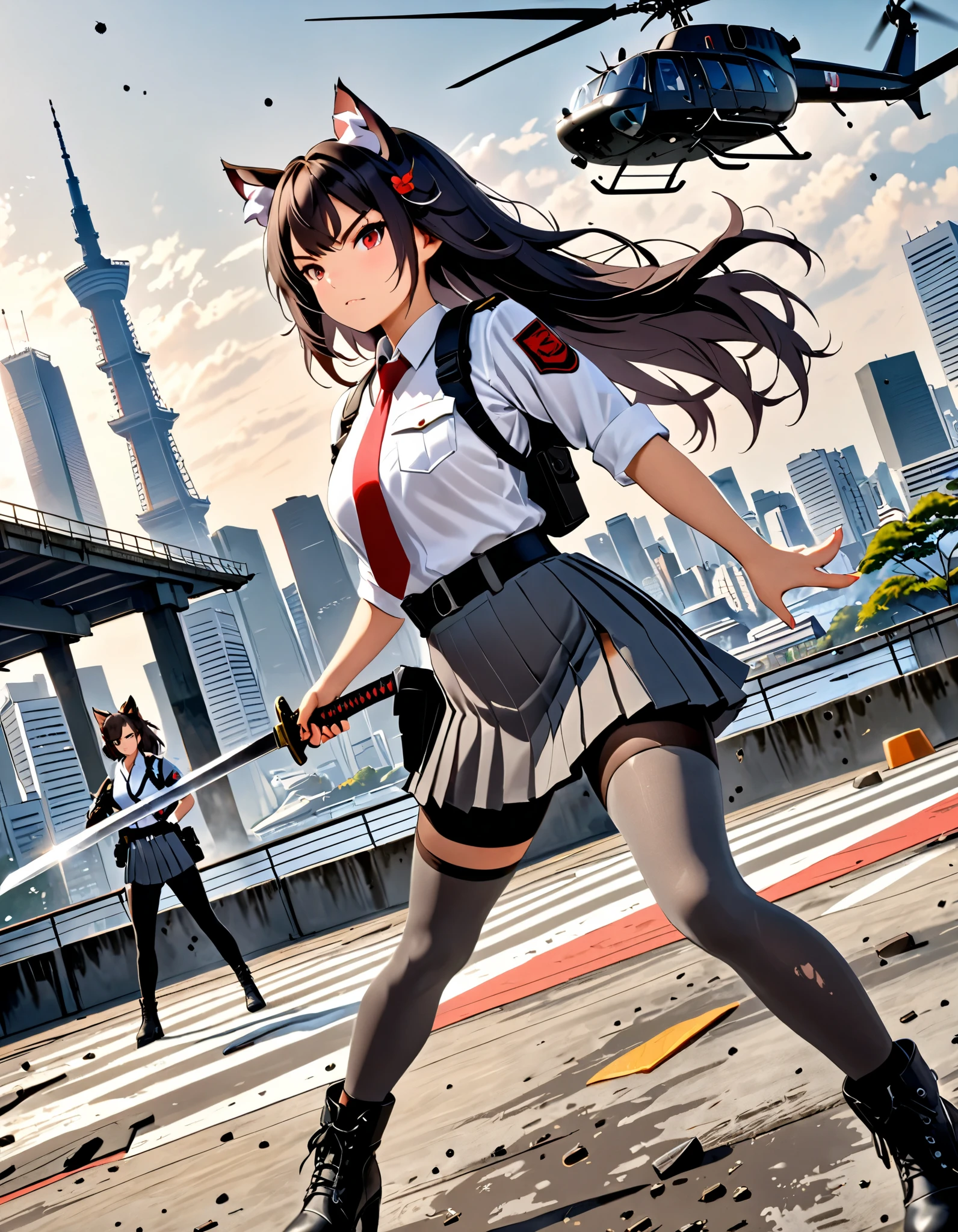 Masterpiece, best quality, high res, 4k, 8k, (solo:1.2, solo focus), 1girl, female samurai, Japanese military officer, (catgirl:1.2, furry ears:1.2), college-aged female, long hair, black hair, black hair, hair ornament, white-collared shirt, red necktie, (shoulder holster), (long pleated skirt, side slit), (full dark grey leggings:1.2), (biker boots, high heels), holding katana sword in one hand and holding a glock22 pistol with another, aggressive battle stance, Tokyo skyline, wharf, a military helicopter hovering above, concrete ground riddle with bullet holes, dutch angle, intense atmosphere, intense expressive. Action shot.