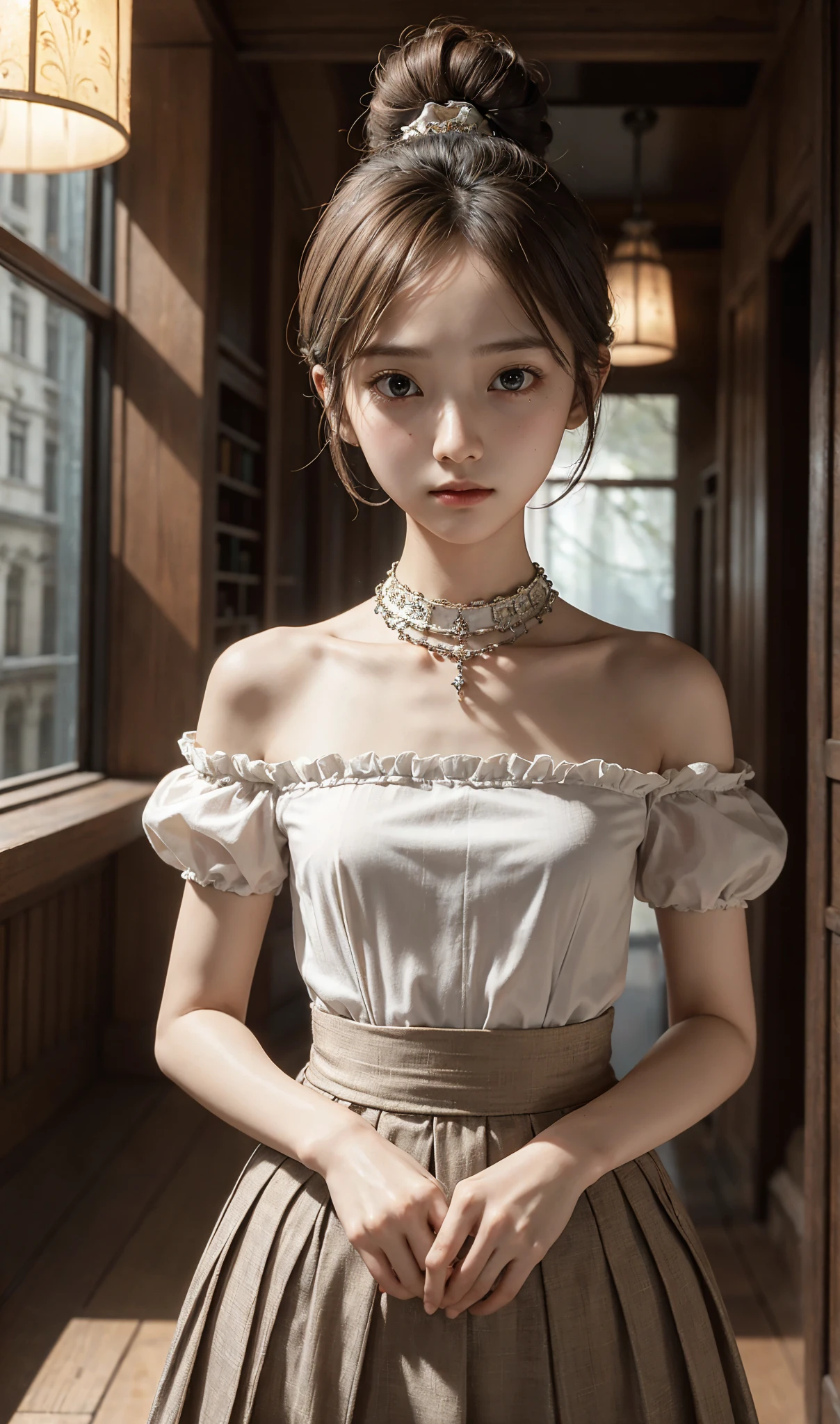  Unity 8K Wallpaper,  more details,  beautiful,  beautiful, masterpiece,  top quality, vibe, mystery, Romanticism, literature, art, fashion,  Victorian, Decoration, Complexity, Ironwork, race, meditation, Depth of emotion,  Supernatural, 1 girl, white skin,White Shoulders,Narrow shoulders,Thin arms, slender waist, bun hair 