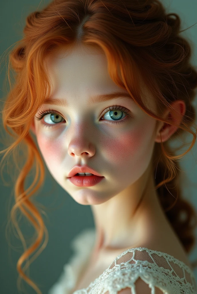 Girl, bambi eyes girl, green eyes, inocent face, cute face, long hair, beautiful, realistic girl, symmetrical face, photorealistic, red-haired girl, cute girl, 15 years, kawaii rusian, realistic 