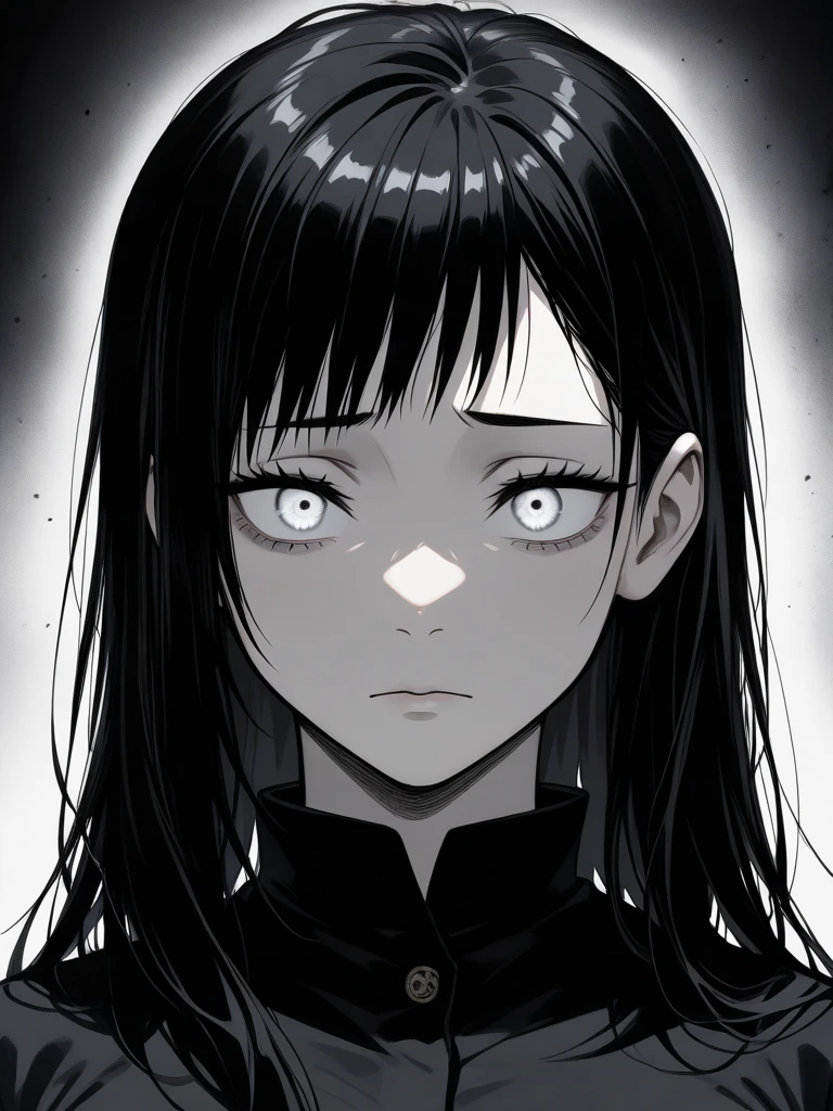 manga, manga style, {monochrome}, Jujutsu Kaisen style, straight black hair, girl with long black hair and light gray eyes in a black outfit, goth girl, girl with white eyes, with ghostly eyes and dark hair, black hair and big eyes, Jujutsu Kaisen, long black hair, sad look, 20 years old, long black hair, long-haired, beautiful girl, black silhouettes behind the girl, dark shadows on the background, loose hair, straight hair, smooth hair, black hair, flowing hair, hairstyle without bangs, no bangs, There are no bangs in her hair, straight parting in the hair