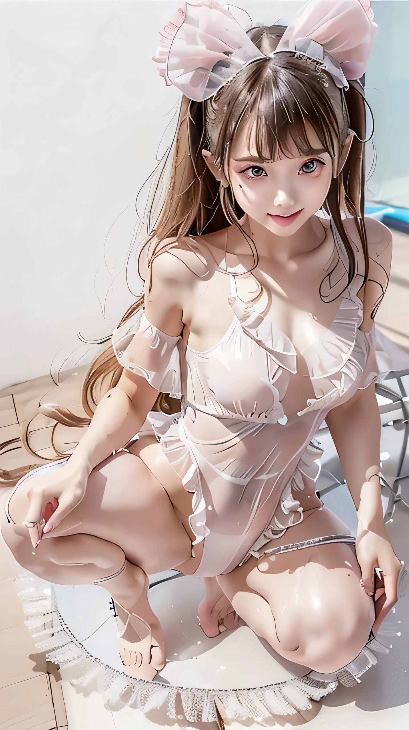 (nsfw, Censorship off ), ( A very beautiful cute girl ), ( very cute face:1.2),, ***************************, ( clear and attractive big eyes like sparkling crystals), Great looks,  Beautiful Detailed Eyes ,  Detailed Double Eyelids , (smile), ( Realistic Pictures:1.2), (Beautiful Bangs, beautiful blonde curly hair :1.2),  Cute High Leg Cut T Back One Piece Swimsuit with Ruffles  ，  slim figure ，Cute  swimmer, *********************, ， erect nipples ,  watching the audience、  wet skin 、((random sexy poses, put in, Deep joy, Intoxicated Eyes:1.2)),  sexy high-leg cut T-back one-piece swimsuit, ((Ultra Shiny Ruffle High Leg Cut T Back One Piece Swimsuit  :1.2), ( Wet Glowing Ruffle Light Pink High Leg Cut Thong One Piece Swimsuit ,  wet and transparent),  erect nipples , blush,  embarrassed expression, Ecstatic,  orgasm,(( squat with legs spread ,  Squat Positions: 1.2)), Crawling pose、  seductive pose 、 sexy, (  pool side ),