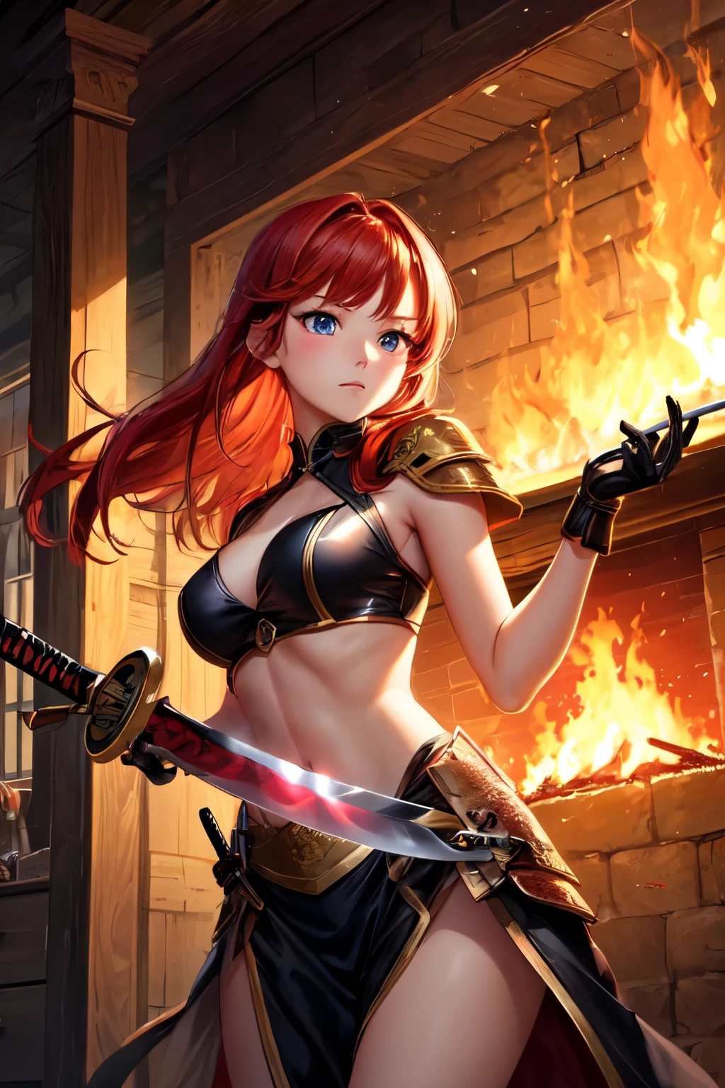 warrior head in hands athletic body thin big breasts big buttocks long hair. orange. sword of fire shield of water