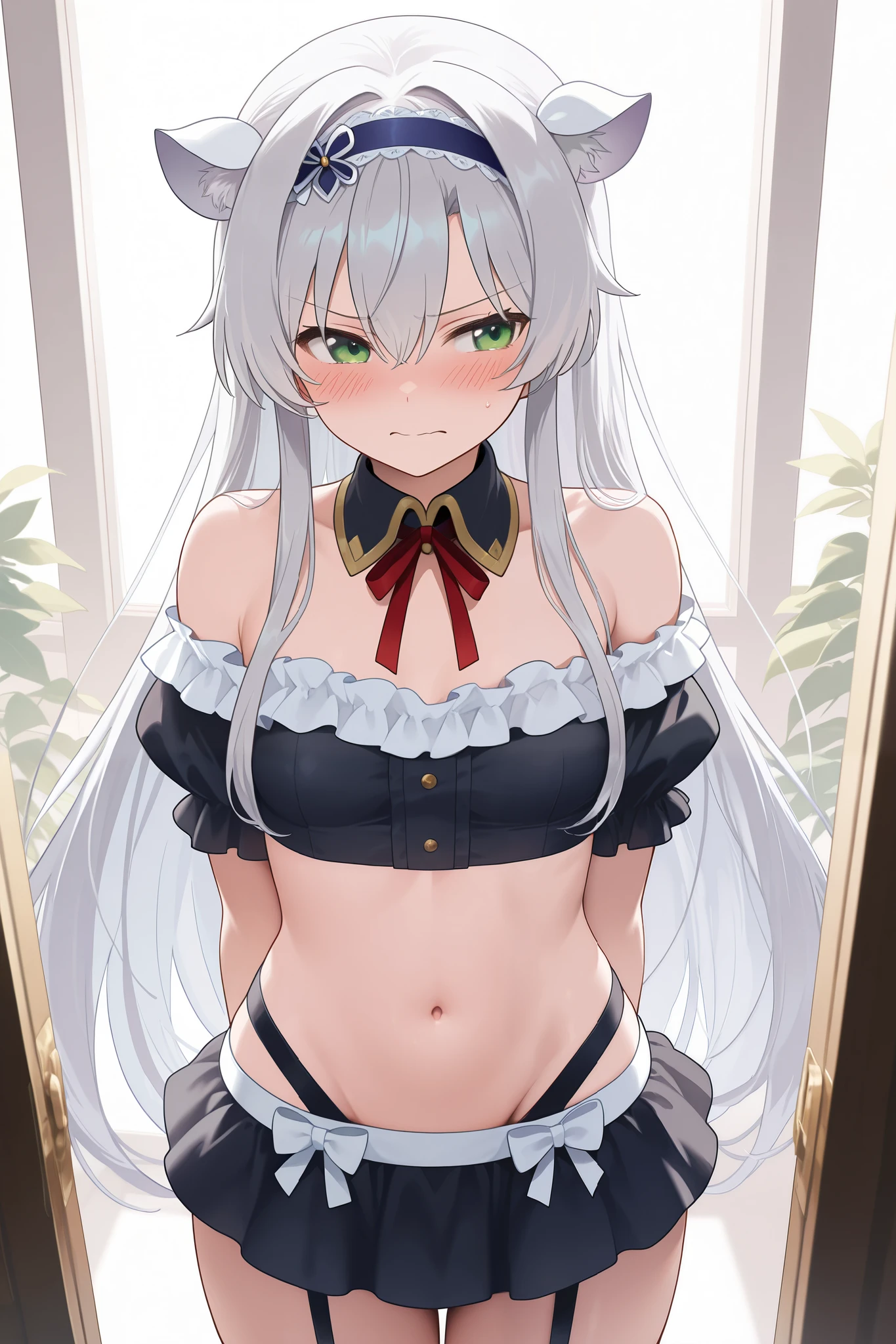 NSFW,masterpiece, top quality, high definition, very detailed,Sistine＝Fiebel 、 Roku Denashi Magi Instructor and Akashic Records、 green eyes、 gray hair、stupid hair、 small breasts、 long hair、 blue headband 、 fake animal ears , maid clothes , crop top, off shoulder, micro mini skirt, garter belt,Groin,Nobleman&#39;s Mansion,Office,Embarrassed,blush, get sexually harassed 