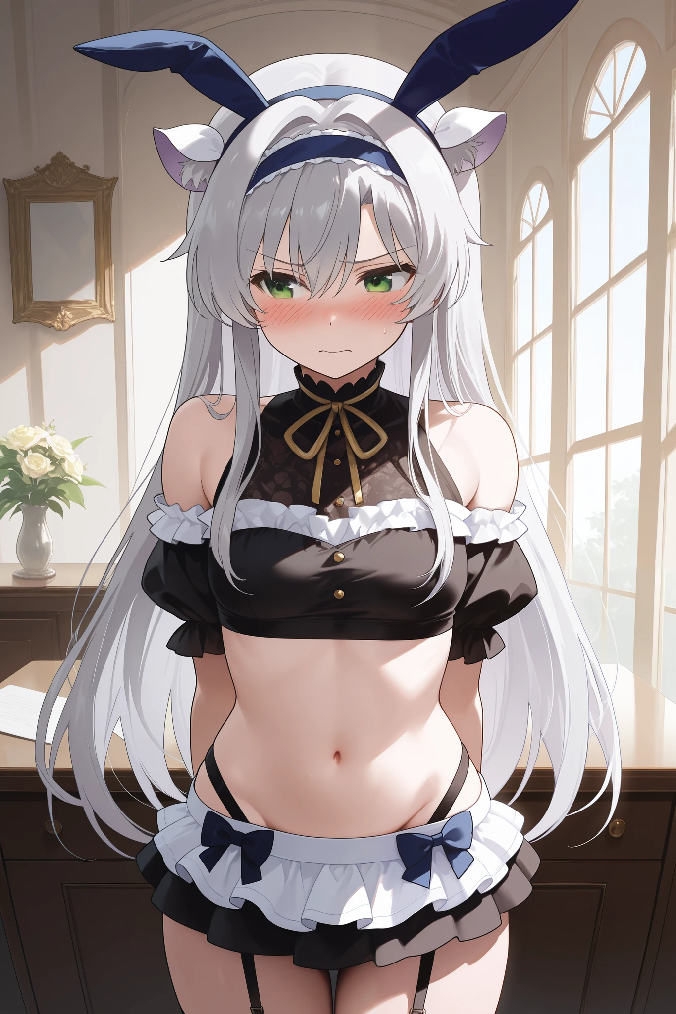 NSFW,masterpiece, top quality, high definition, very detailed,Sistine＝Fiebel 、 Roku Denashi Magi Instructor and Akashic Records、 green eyes、 gray hair、stupid hair、 small breasts、 long hair、 blue headband 、 fake animal ears , maid clothes , crop top, off shoulder, micro mini skirt, garter belt,Groin,Nobleman&#39;s Mansion,Office,Embarrassed,blush, get sexually harassed 