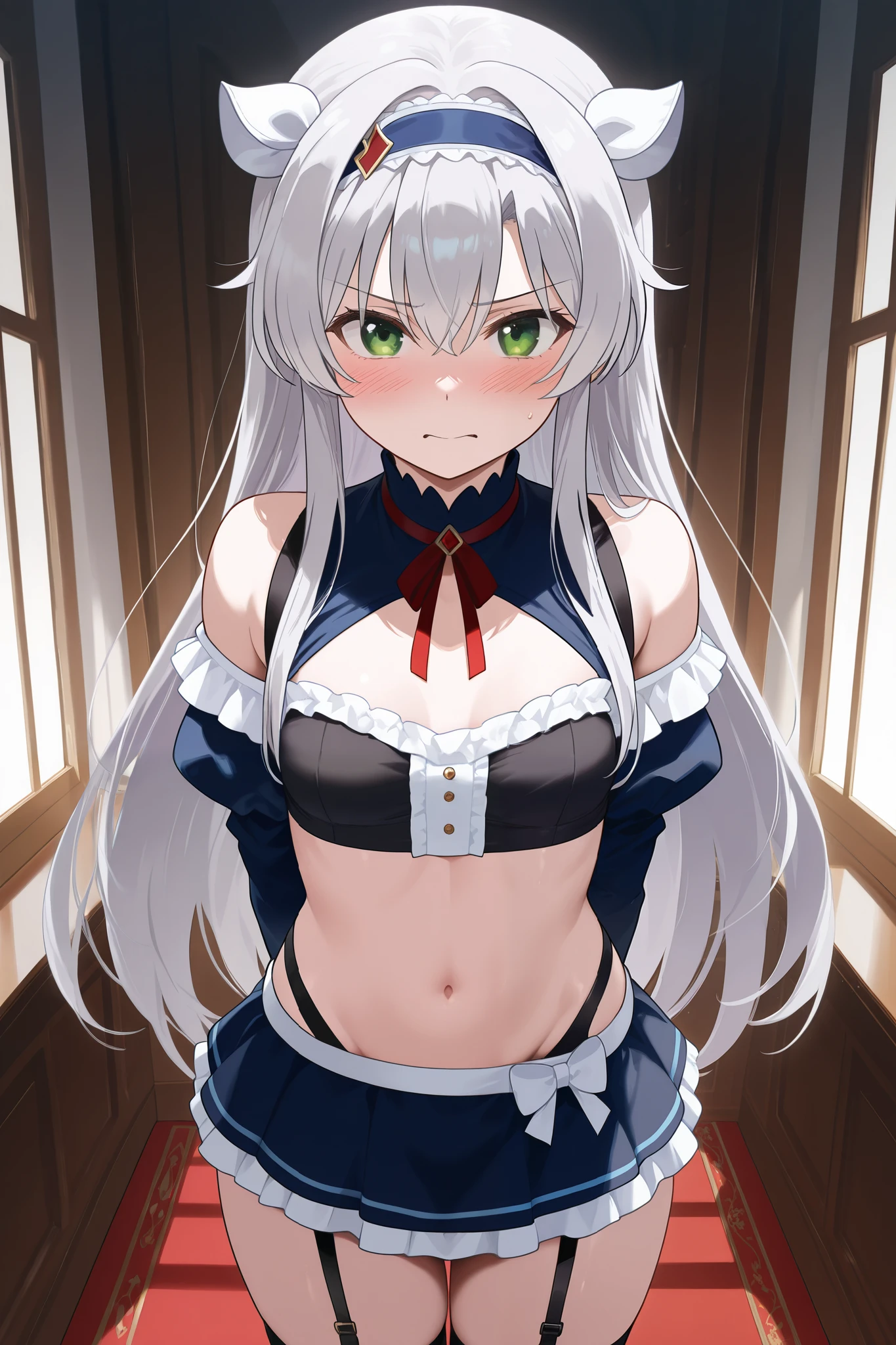 NSFW,masterpiece, top quality, high definition, very detailed,Sistine＝Fiebel 、 Roku Denashi Magi Instructor and Akashic Records、 green eyes、 gray hair、stupid hair、 small breasts、 long hair、 blue headband 、 fake animal ears , maid clothes , crop top, off shoulder, micro mini skirt, garter belt,Groin,Nobleman&#39;s Mansion,Office,Embarrassed,blush, get sexually harassed 