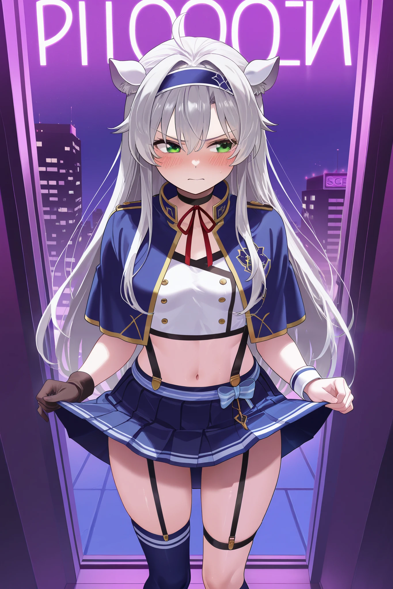 NSFW,masterpiece, top quality, high definition, very detailed,Sistine＝Fiebel 、 Roku Denashi Magi Instructor and Akashic Records、 green eyes、 gray hair、stupid hair、 small breasts、 long hair、 blue headband 、 fake animal ears ,Arzano uniform , crop top、 blue capelet、 blue knee socks 、 neck ribbon、 choker 、 garter strap、 wrist cuff on one side 、One glove、Uneven gloves 、Pleated skirt、Suspender skirt、abdomen,(Prostitute),Nightlife,Hotel district,Embarrassed,blush,Do prostitution, skirt lift 