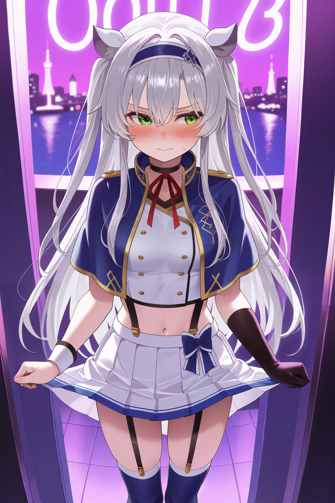 NSFW,masterpiece, top quality, high definition, very detailed,Sistine＝Fiebel 、 Roku Denashi Magi Instructor and Akashic Records、 green eyes、 gray hair、stupid hair、 small breasts、 long hair、 blue headband 、 fake animal ears ,Arzano uniform , crop top、 blue capelet、 blue knee socks 、 neck ribbon、 choker 、 garter strap、 wrist cuff on one side 、One glove、Uneven gloves 、Pleated skirt、Suspender skirt、abdomen,(Prostitute),Nightlife,Hotel district,Embarrassed,blush,Do prostitution, skirt lift 