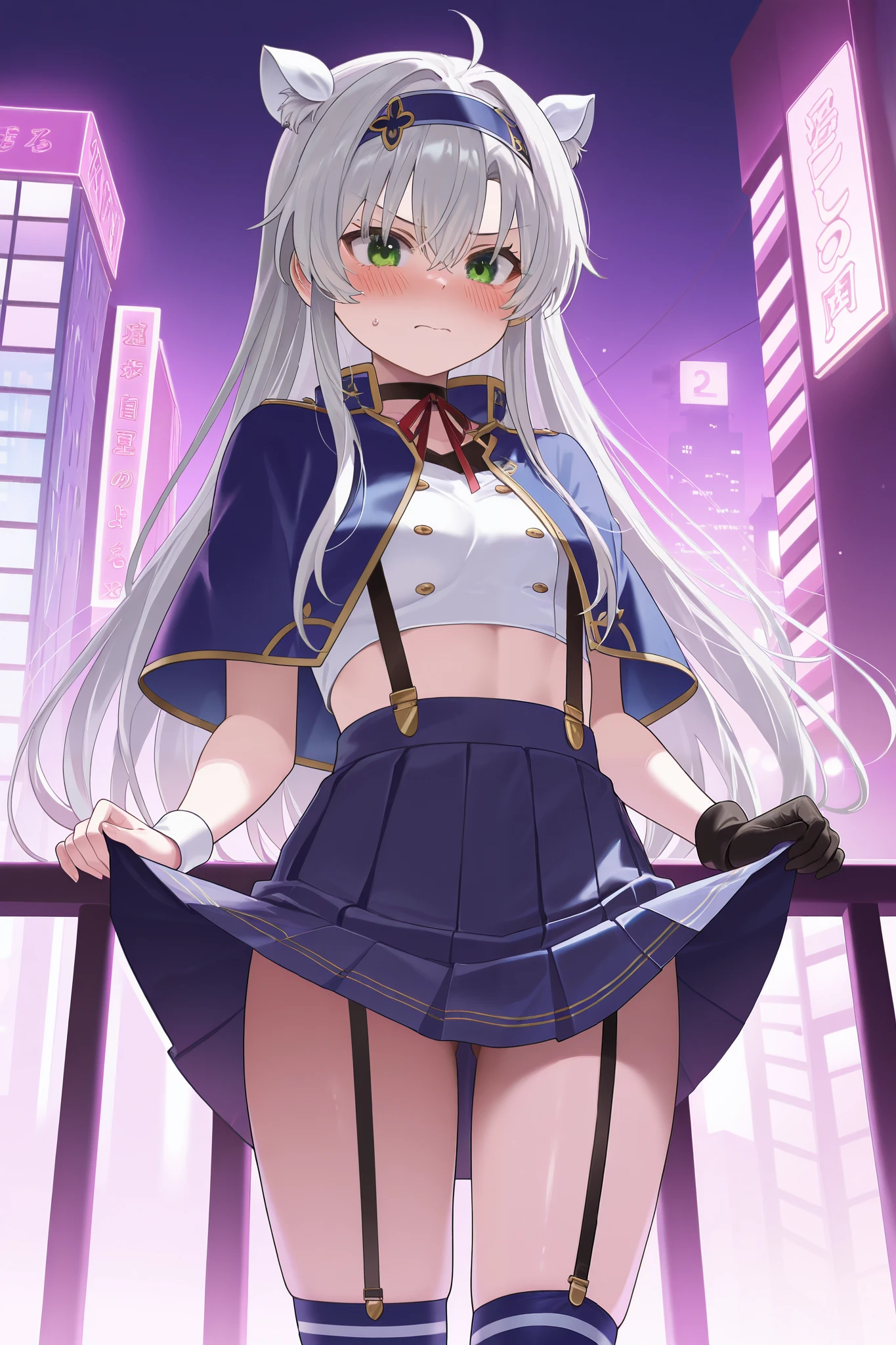 NSFW,masterpiece, top quality, high definition, very detailed,Sistine＝Fiebel 、 Roku Denashi Magi Instructor and Akashic Records、 green eyes、 gray hair、stupid hair、 small breasts、 long hair、 blue headband 、 fake animal ears ,Arzano uniform , crop top、 blue capelet、 blue knee socks 、 neck ribbon、 choker 、 garter strap、 wrist cuff on one side 、One glove、Uneven gloves 、Pleated skirt、Suspender skirt、abdomen,(Prostitute),Nightlife,Hotel district,Embarrassed,blush,Do prostitution, skirt lift 