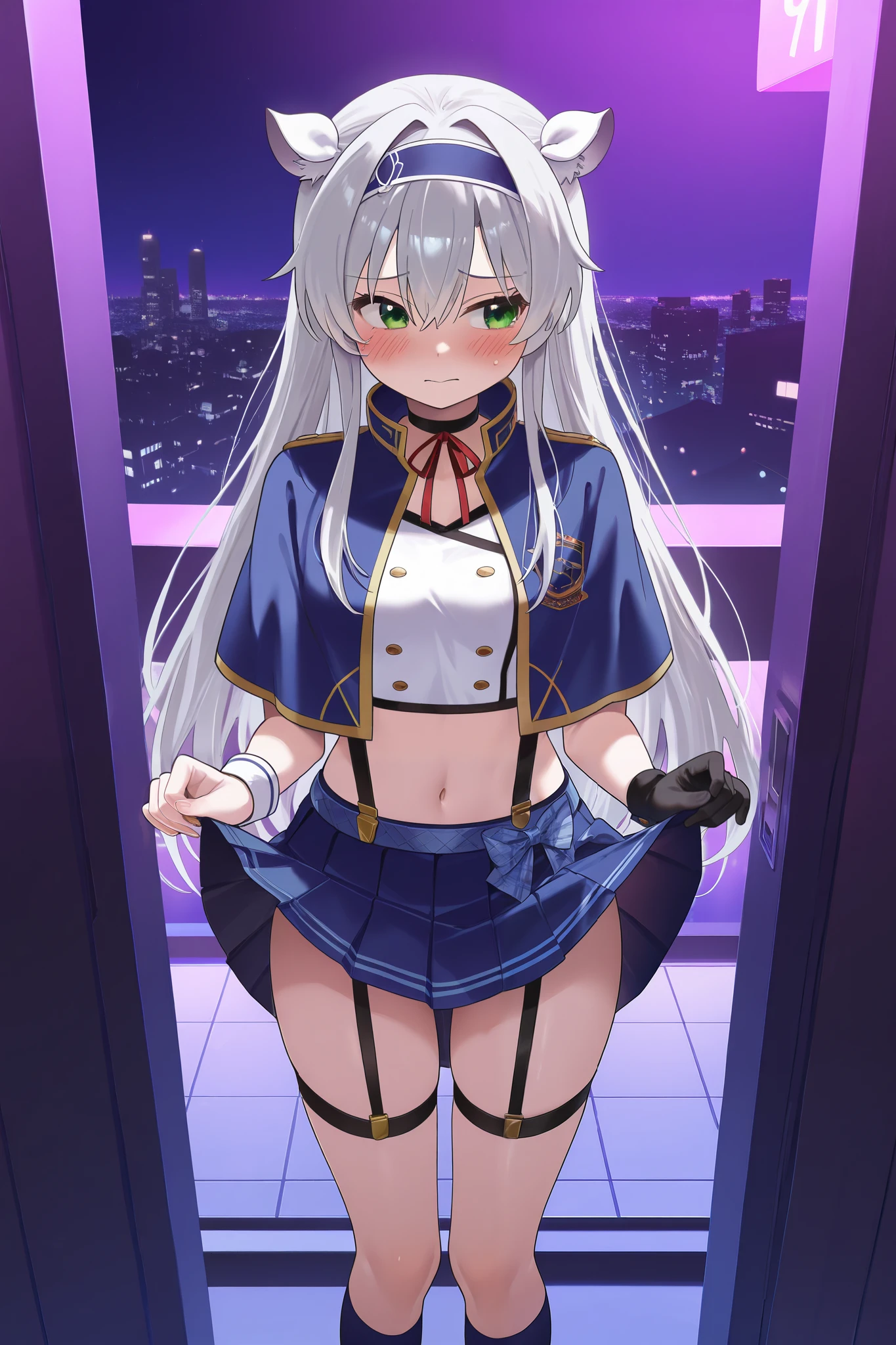 NSFW,masterpiece, top quality, high definition, very detailed,Sistine＝Fiebel 、 Roku Denashi Magi Instructor and Akashic Records、 green eyes、 gray hair、stupid hair、 small breasts、 long hair、 blue headband 、 fake animal ears ,Arzano uniform , crop top、 blue capelet、 blue knee socks 、 neck ribbon、 choker 、 garter strap、 wrist cuff on one side 、One glove、Uneven gloves 、Pleated skirt、Suspender skirt、abdomen,(Prostitute),Nightlife,Hotel district,Embarrassed,blush,Do prostitution, skirt lift 