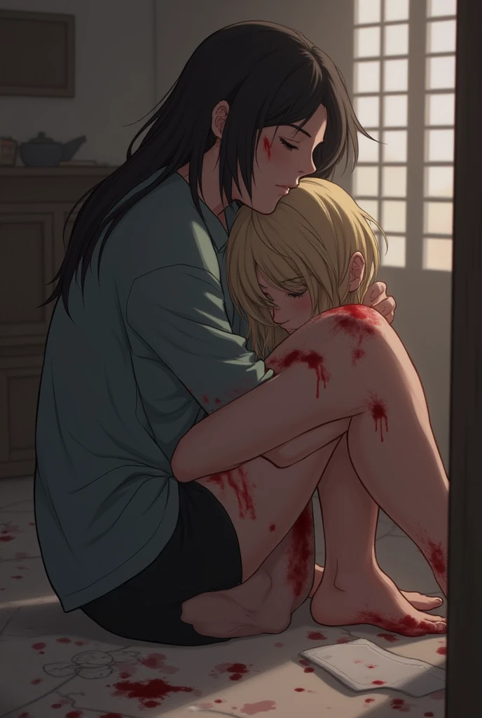 two young crying naked girls in the bed , lesbians, kissing licking, short hair, realism, flat breast, slim body, vibrant colour, sad, tears. socks, busted breasts, whip marks, blood, bruises,