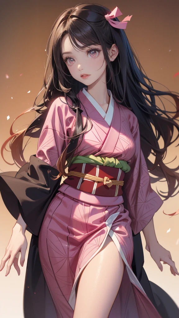 (*K) HD, highest quality, WorKs of masters, High resolution, spread legs、show white panties,1 girl, nezuKo Kamada, ((nezuKo of demon slayer)) super beautiful face, Super beautiful eyes, Super beautiful hair,trendy outfit,magazine cover,sexy and attractive,explosion of colors,BlacK color hair,big hairpin,full body esbian,illegal occupation