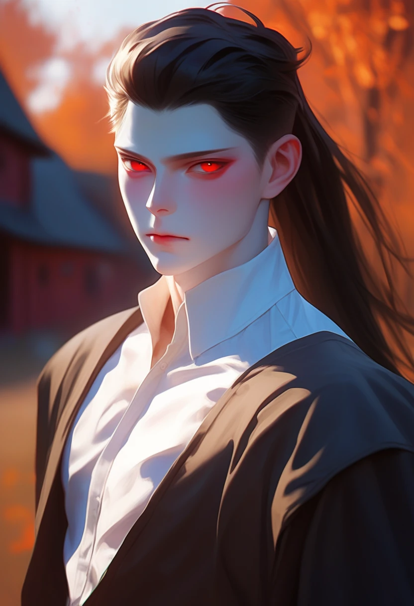  Korean cartoon style ， young and vibrant ，  is in good shape ，  handsome. 脸瓜子脸，  Korean cartoon style  ， neat medieval shirt,  white skin， serious expression ,  smooth skin , Blusher, ，  black long hair,  vampire, Gorgeous red eyes  ，  handsome. , small hut in the woods background 