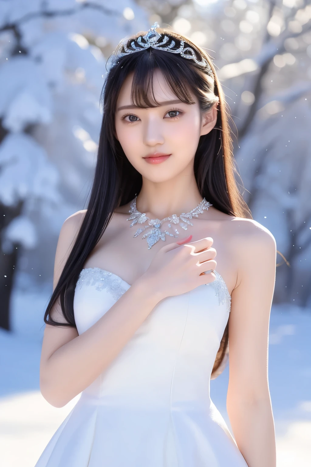 A close up of a woman in a white dress wearing a tiable - SeaArt AI