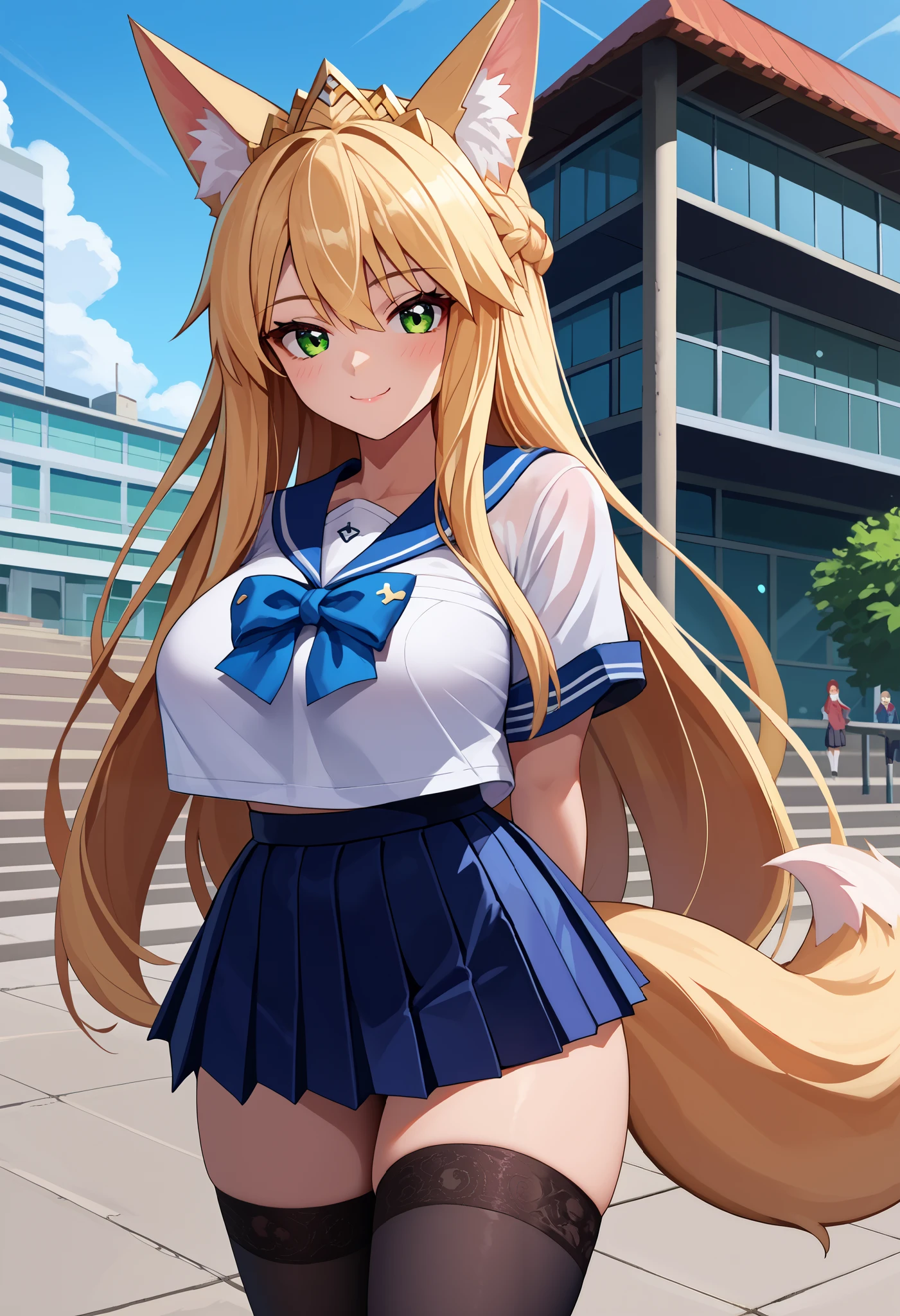 score_9, score_8_up, score_7_up, score_6_up, source_anime, 1girl, One, 1 rule , blond hair , green eyes, tail, french braid, a tiara, looking at you, happy, style to blush, big breasts , smile, closed mouth , , big breasts , Fox ears, tail лисы, very short skirt , black skirt, pleated skirt, school shirt , Japanese , white shirt , blue bow , blue serafuku , black stockings, thick shoulders, wide hips, bloom, colorful, cinematic lighting, tone mapping, high contrast, alfresco, school, building, long hair, fox ears, рука up, :v, hands behind her back