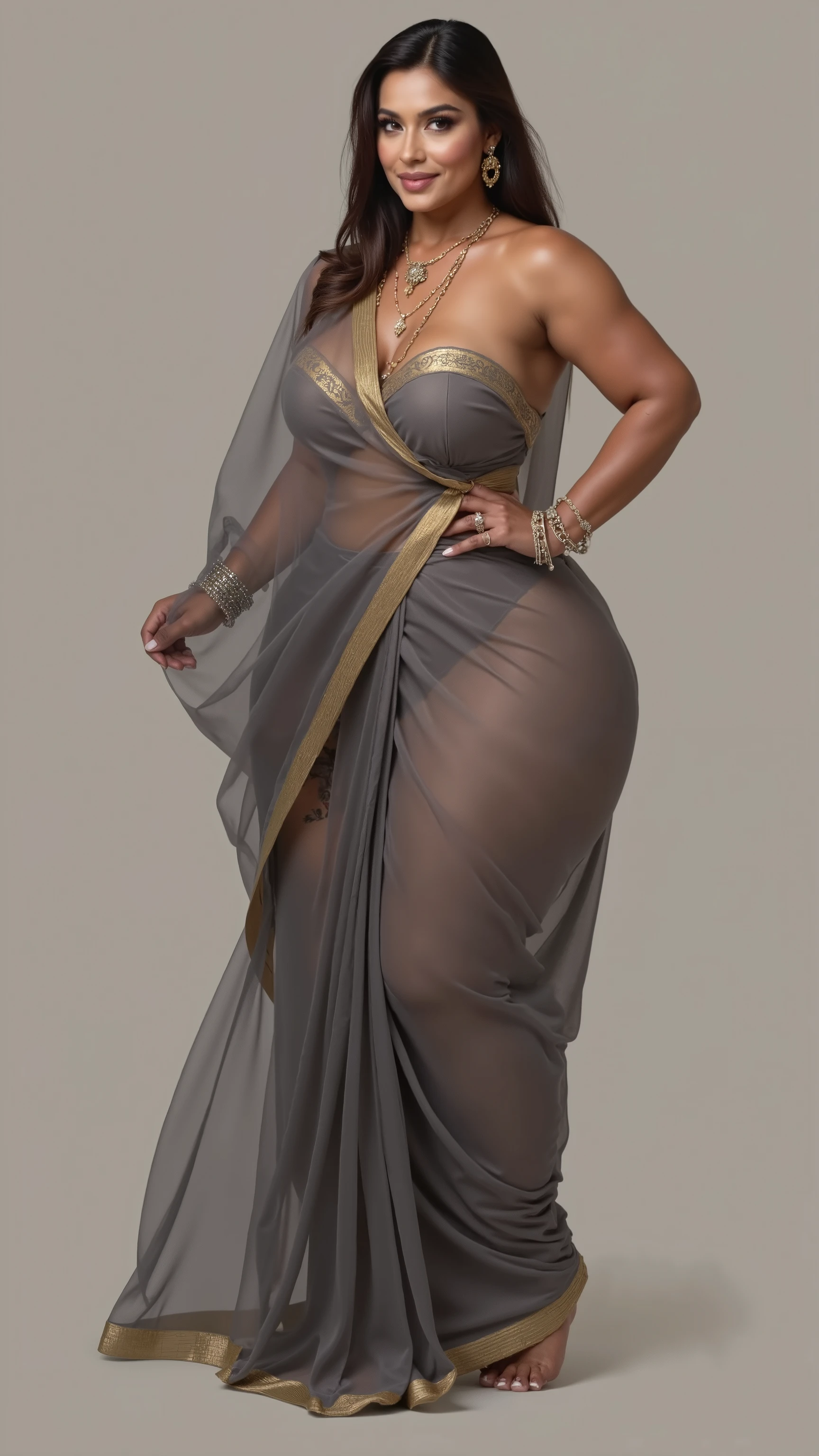 50 year old indian woman in gray transparent Saree with big huge boobs and huge Ass, wearing indian jewellery and make up,side pose of woman only, realistic image,