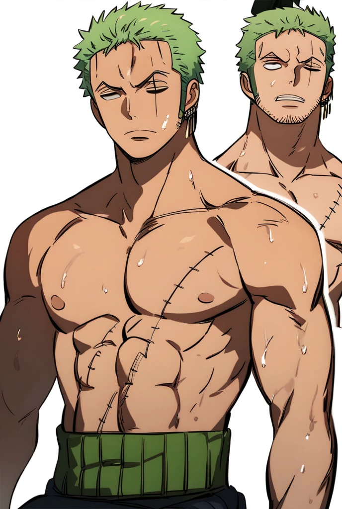 Roronoa Zoro, short hair, muscle, shirtless, jockstrap. sweaty, empty eyes, dazed expression, blank stare, hypnotized, brainwashed, hairy pits