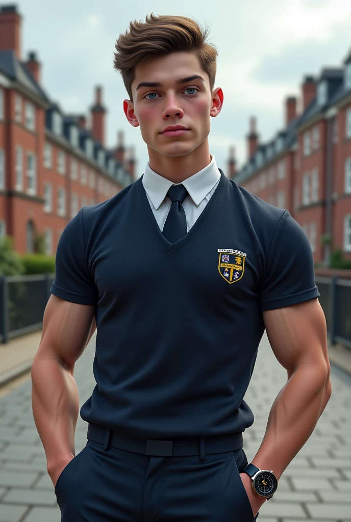 <lora:Michael_West_GV:1> 1boy, bright blue eyes, short black  hair,  open varsity jacket, no shirt, campus grounds, book, portrait (((large hard perky nipples)))