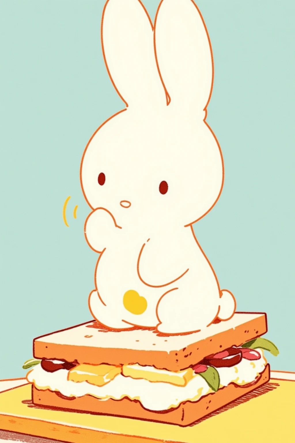    Miffy rabbit sitting on a fresh cream fruit sandwich,storybook illustration , close-up view   ,    close-up view   ,    60s Cartoon   ,    close-up showing head and belly button  ,    full color illustration  ,    Additional Details   ,    60s style anime ,Picture book cover  , close-up,    close-up view   , mid closeup ,Anime pop   ,   Minimalism  ,  textbook color illustration , In the igloo, Picture of a ren's book , printing!,   ren's book illustration  ,  ren's Book Illustration ,  animated film still ,  vignette illustration ,  close-up view ,  close-up view ,  full color illustration ,  Picture Book Illustrations for s , miffy art 