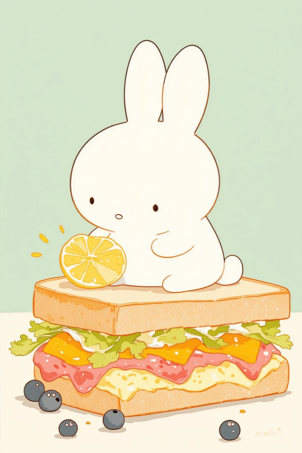    Miffy rabbit sitting on a fresh cream fruit sandwich,storybook illustration , close-up view   ,    close-up view   ,    60s Cartoon   ,    close-up showing head and belly button  ,    full color illustration  ,    Additional Details   ,    60s style anime ,Picture book cover  , close-up,    close-up view   , mid closeup ,Anime pop   ,   Minimalism  ,  textbook color illustration , In the igloo, Picture of a ren's book , printing!,   ren's book illustration  ,  ren's Book Illustration ,  animated film still ,  vignette illustration ,  close-up view ,  close-up view ,  full color illustration ,  Picture Book Illustrations for s , miffy art 